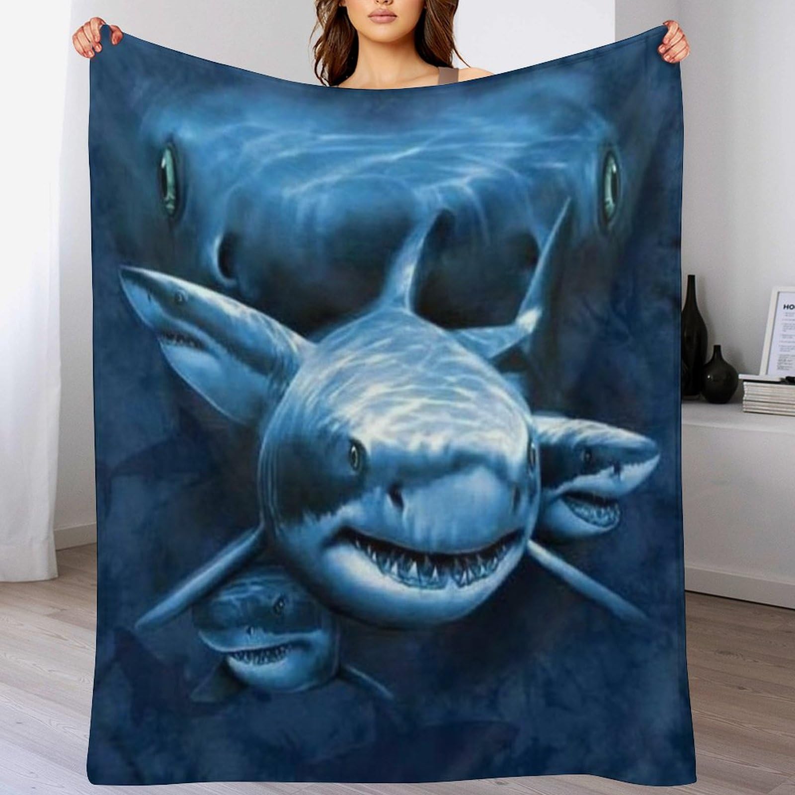 Couverture en flanelle requin 180x200cm, plaid doux et chaud pour lit deux personnes