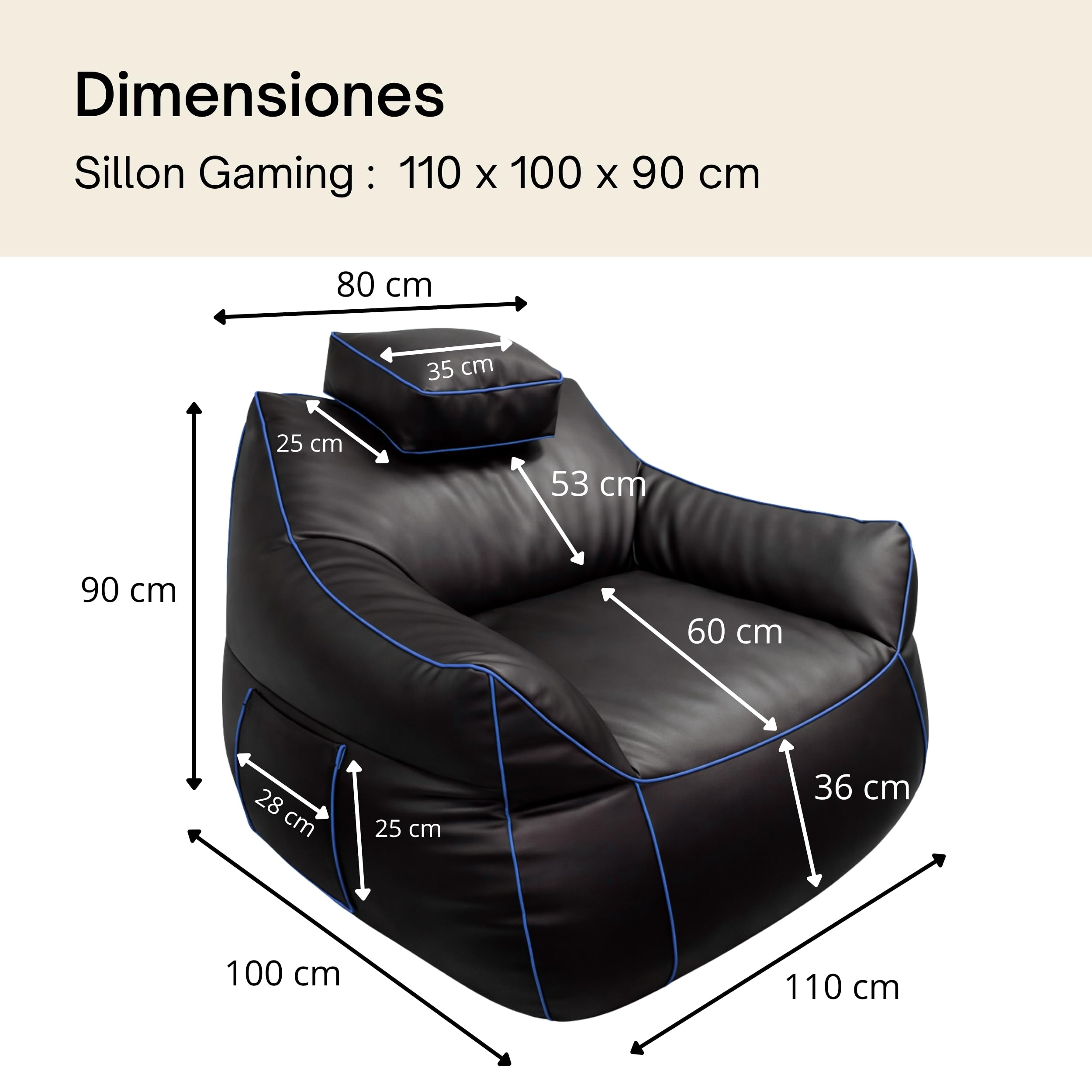 bananair - Puff Gamer XXL - Confort Estable - Relleno de Espuma - Reposacabezas Ajustable y 2 Bolsillos - Apto para Adolescentes y Adultos para Juegos, TV y Relajación (110×100×90 cm, Azul)