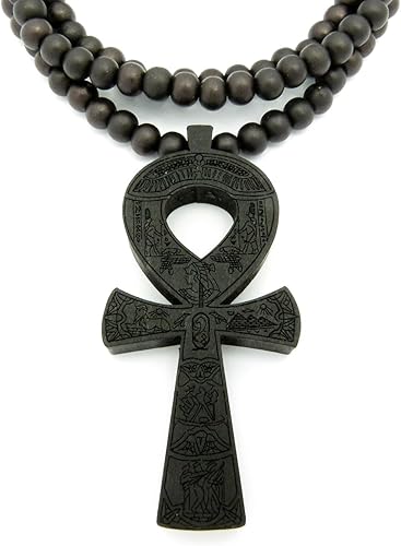 Miniatura 5 de Colgante de cruz egipcia Ankh 0.315 in 36" Collar de cuentas de madera en tono negro XJ224BK, Madera
