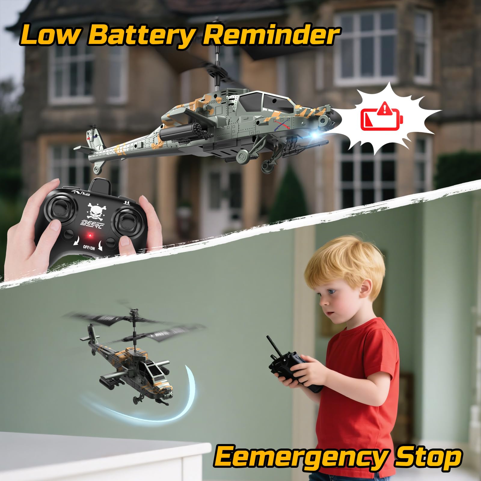 DEERC Helicóptero RC para Adultos y niños, helicóptero Militar Control Remoto 2.4 GHz, 2 baterías, 26 Minutos de Vuelo, Luces LED, retención altitud, despegue con una Sola tecla, Apto para Interiores