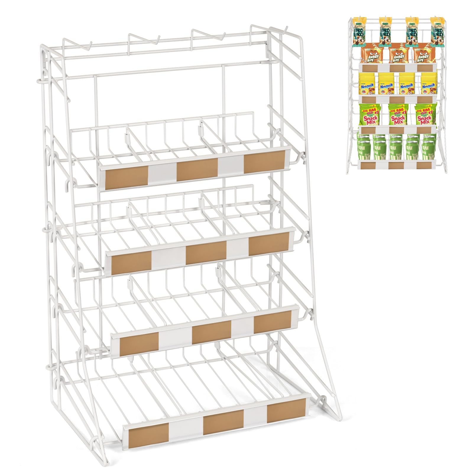 Natheeph Candy Display Rack Snack Organizer for Countertop Snack Rack Portable Chip Rack Black Metal Snack Shelf for Retail Stores Office (White)