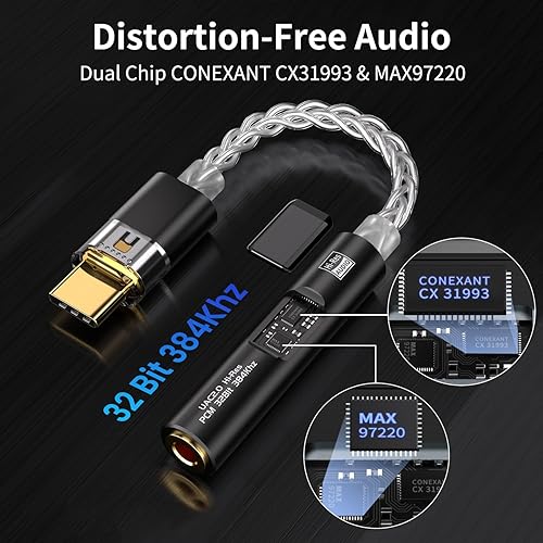 Miniatura 2 de Adaptador de audio USB C a 0.138 in con doble chip CX31993 MAX97220 DAC y amplificador HiFi, cable de cobre chapado en plata de un solo cristal 4N