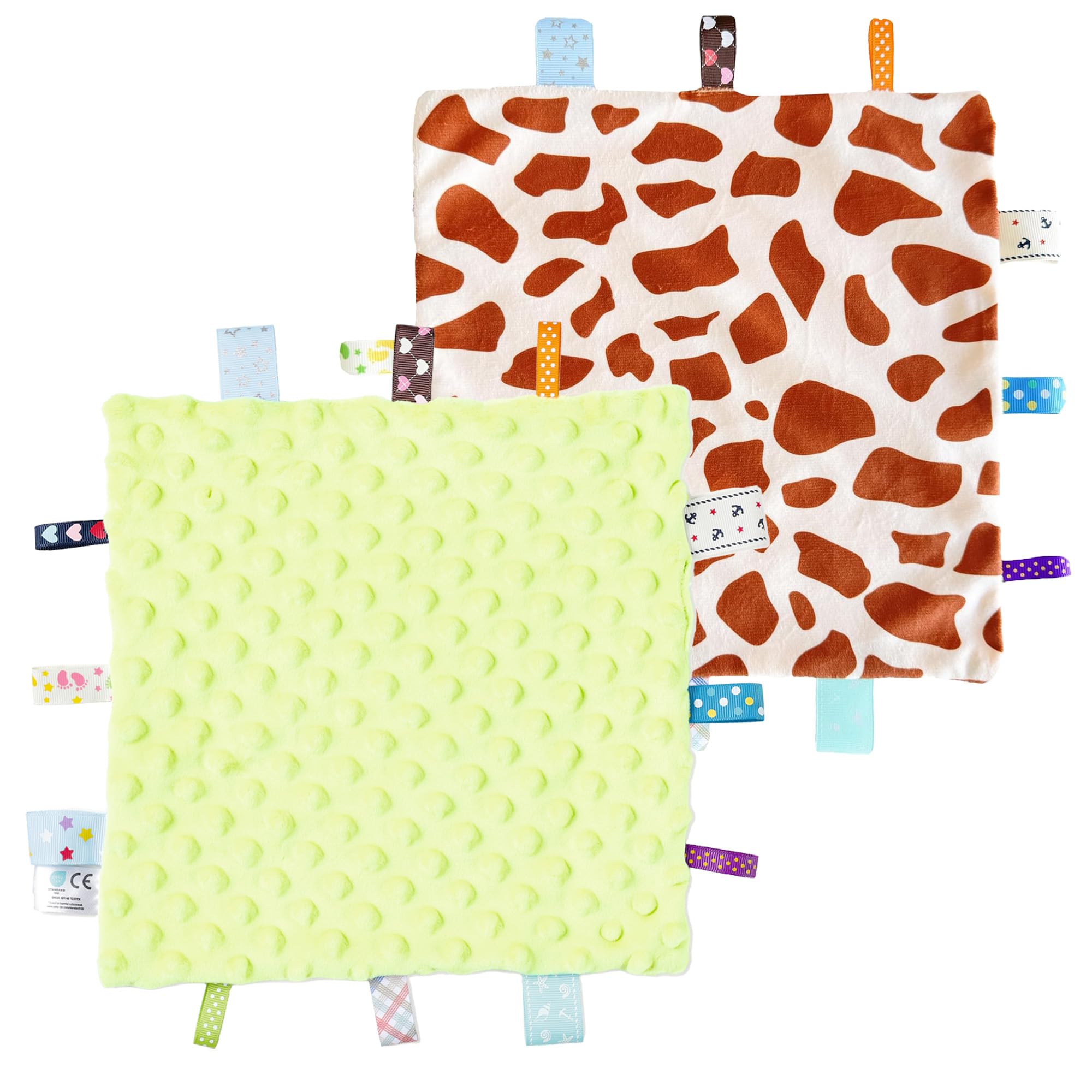 CREVENT Tag Security Blankets for Babies, Soft Small Loveys for Boys, Baby Comforter Sensory Blanket, Great Gifts for Birthday Baby Shower - 10"X10" Green + Giraffe Dot