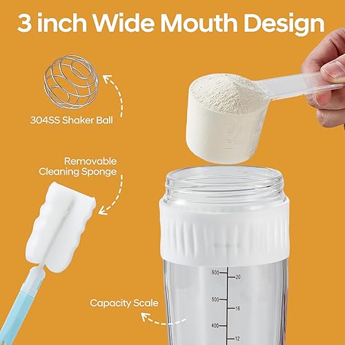 Miniatura 4 de Botella agitadora de vidrio de 24 onzas, polvo de proteína de vidrio de borosilicato, mezcla para mezclas de proteínas con bola de mezcla (B-Blanco,