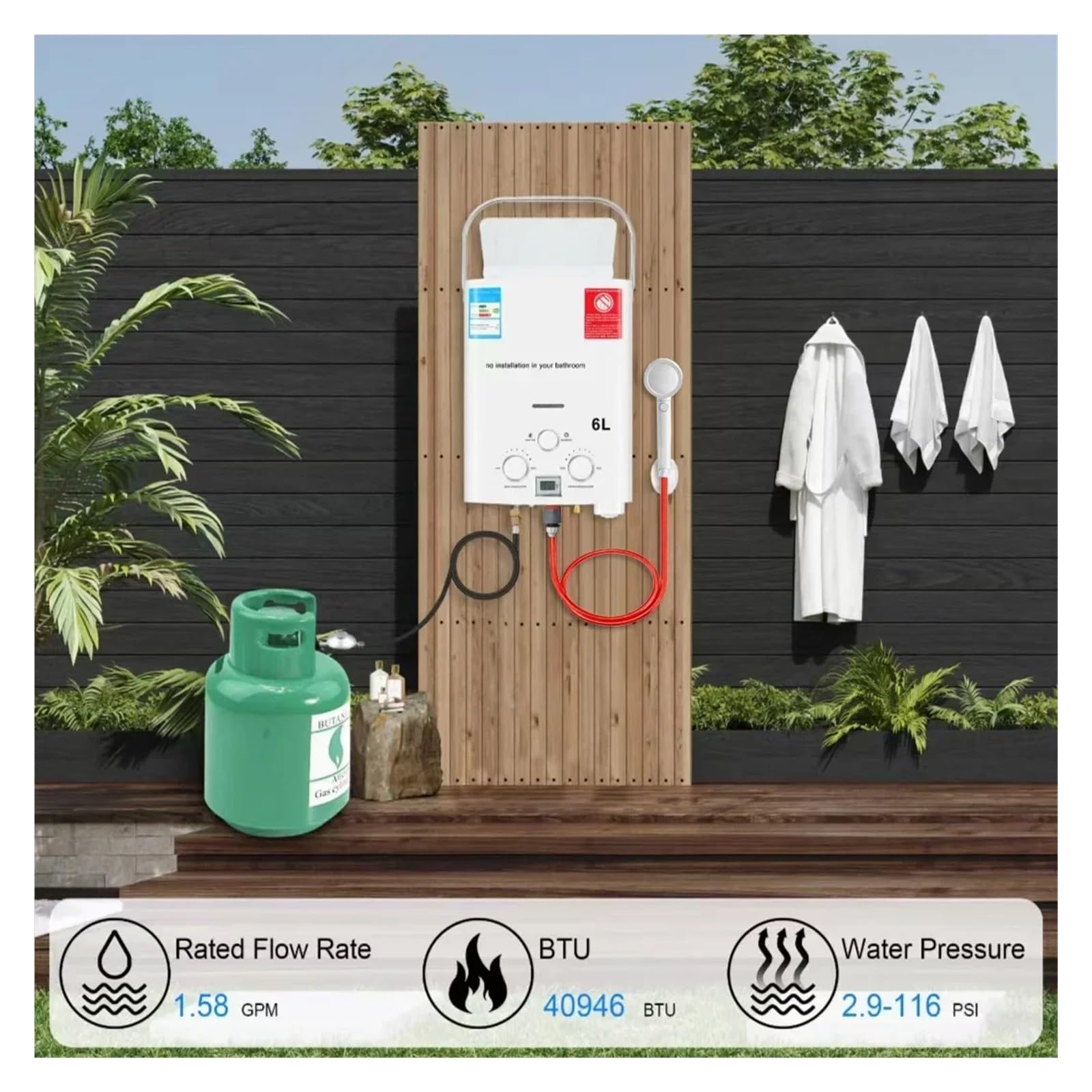 Podgrzewacz wody bez zbiornika na gaz LPG i propan 6L, kemping, wanna z prysznicem, podgrzewacz wody, samochód ciężarowy, namiot(Wit)