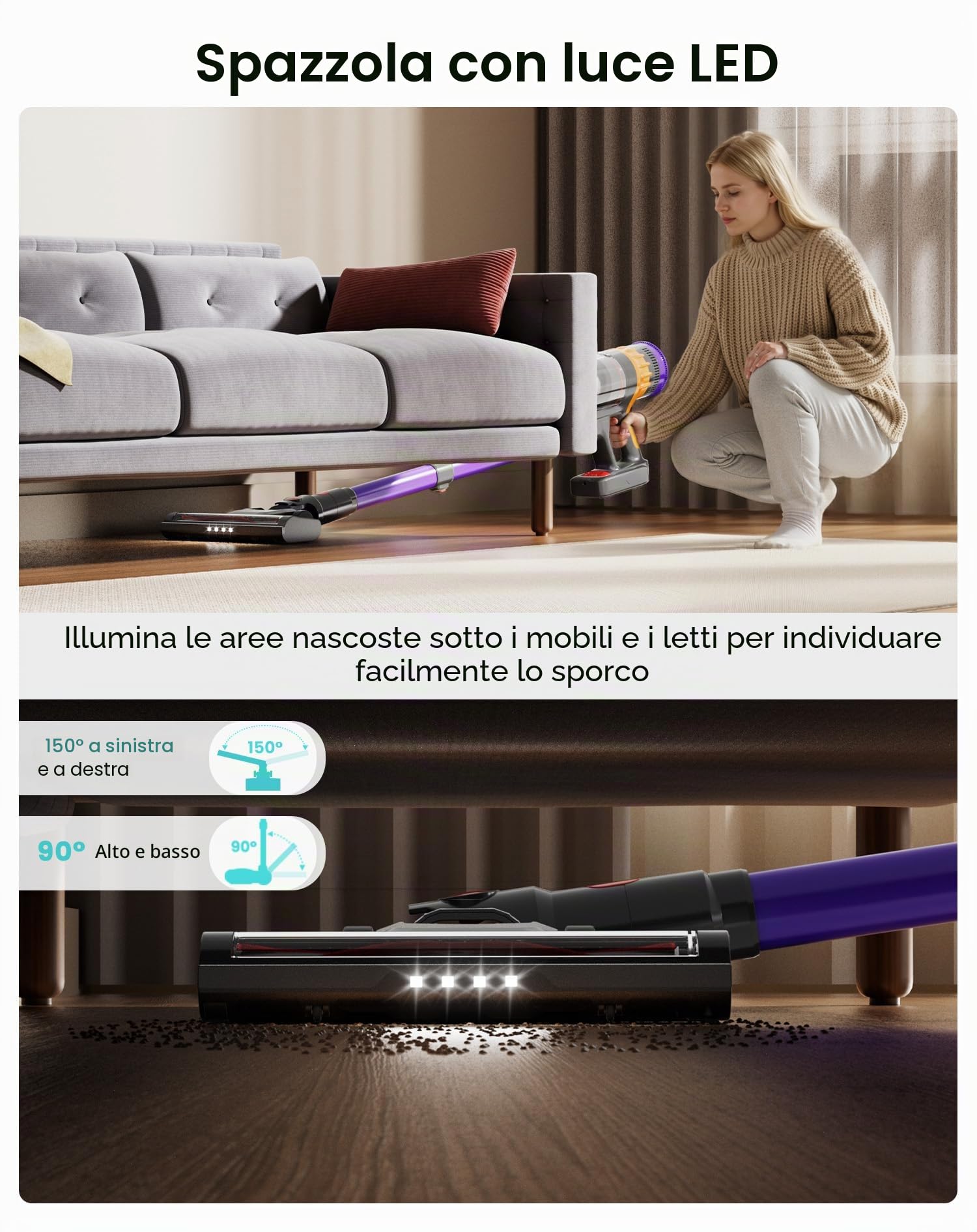 Lefant V1 Aspirapolvere Senza Fili,40000Pa Scopa Elettrica Senza Fili Potente, Touch Intelligente LED, Filtro a 5 Stadi, Autonomia 42 Min, Design Autoportante, per Pavimenti/Tappeti/Peli Animali