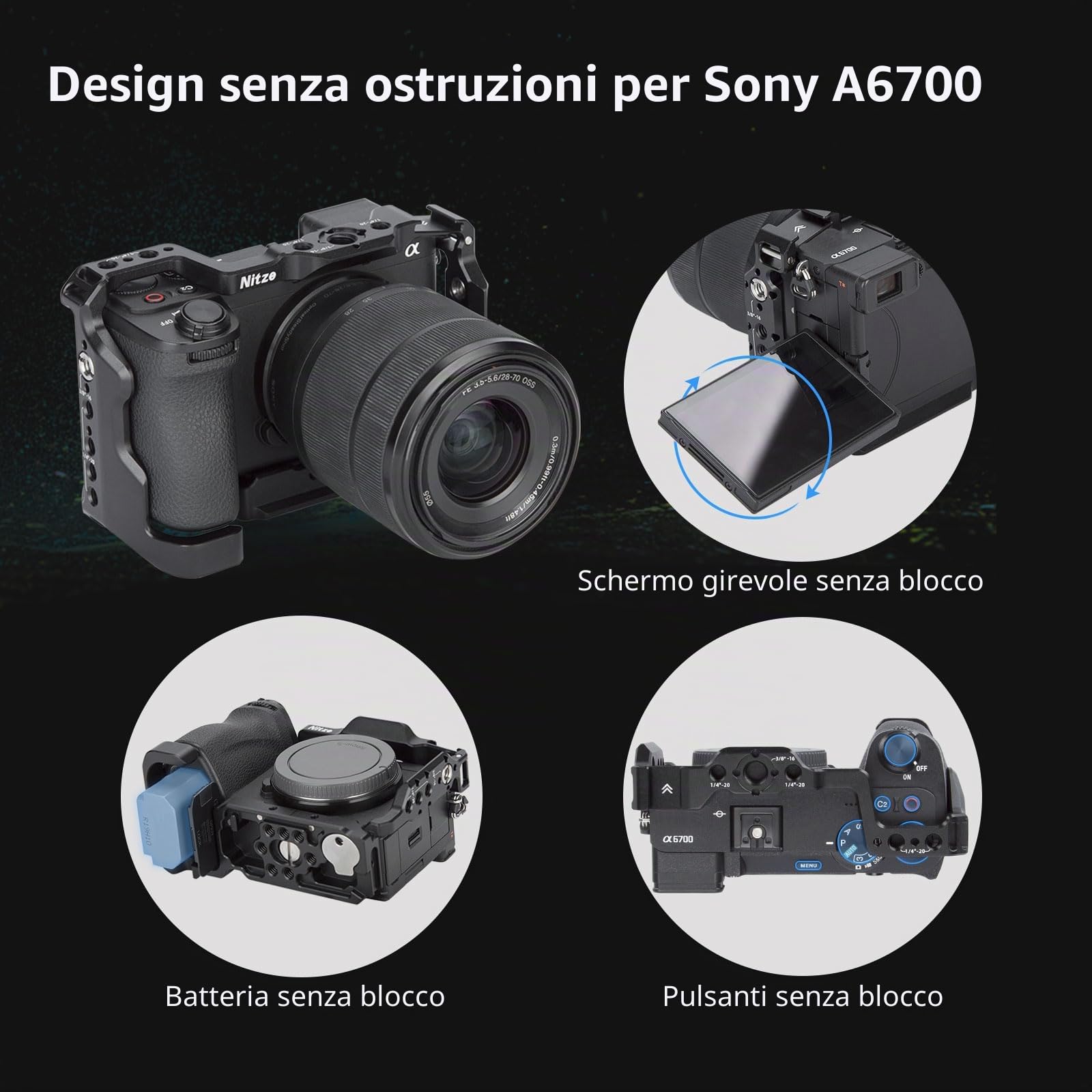 Nitze A6700 Cage, Gabbia per Sony Alpha 6700 Fotocamera con Morsetto per Incorporato Cold Shoe, NATO Rail e Piastra Sgancio Rapido Arca - T-S12A