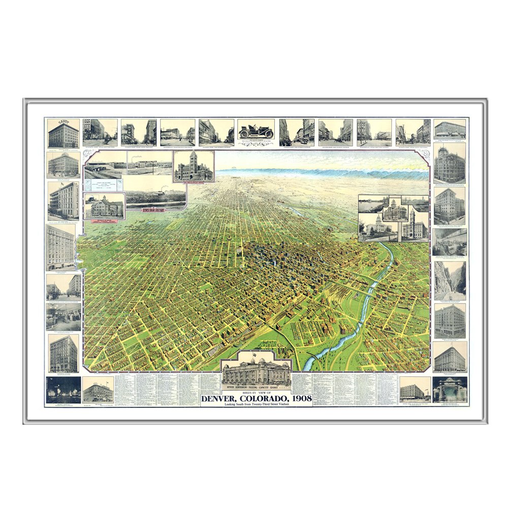 Carte de Denver CO 1908 Kappa Map Group grand format cadre argenté déco salon
