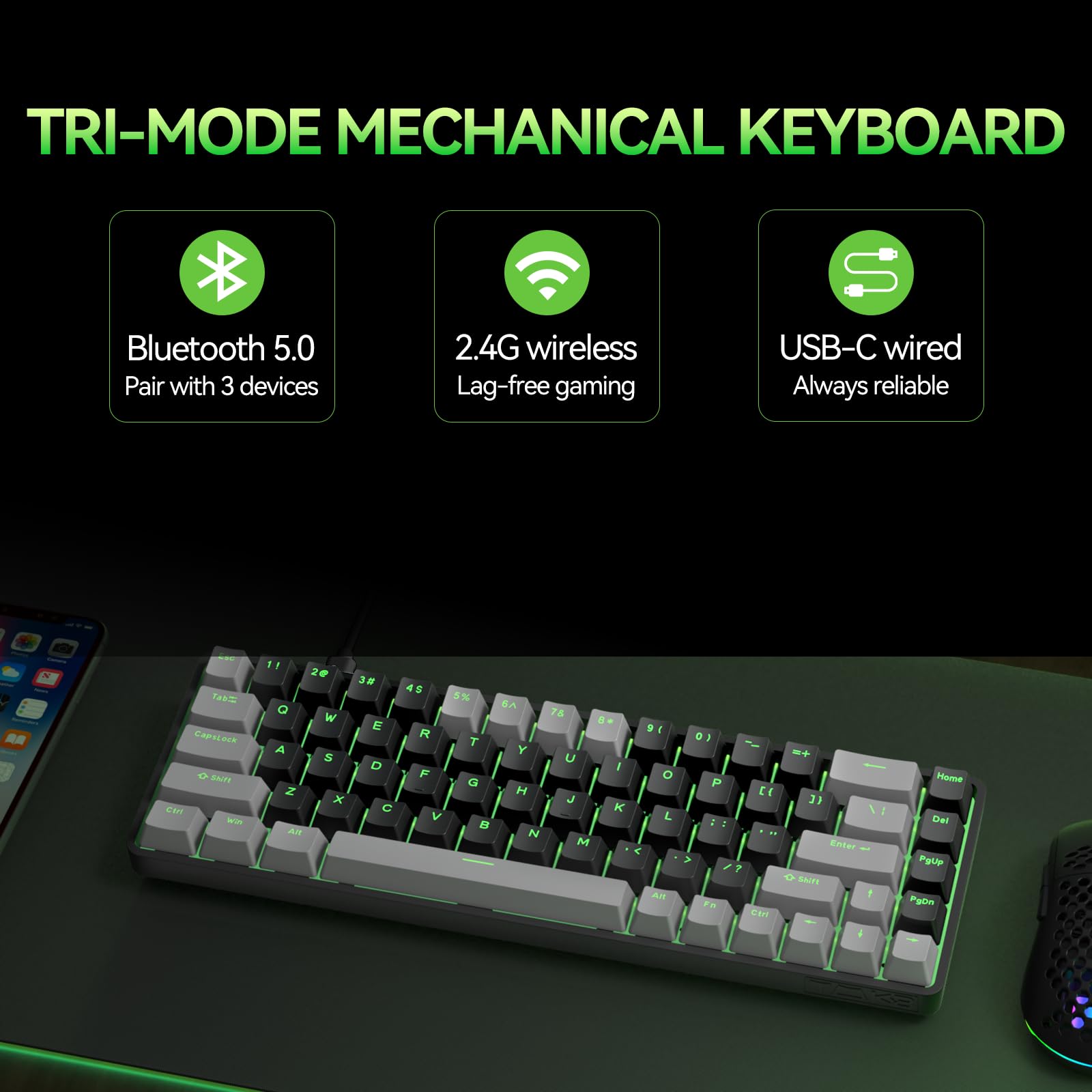 TMKB T68 Tastiera Meccanica da Gaming Wireless Tri-Mode (Bluetooth 5.0/2.4G/USB-C), Layout 60% con 68 Tasti Retroilluminazione RGB (QWERTY), Switch Rosso - Grigio/Nero