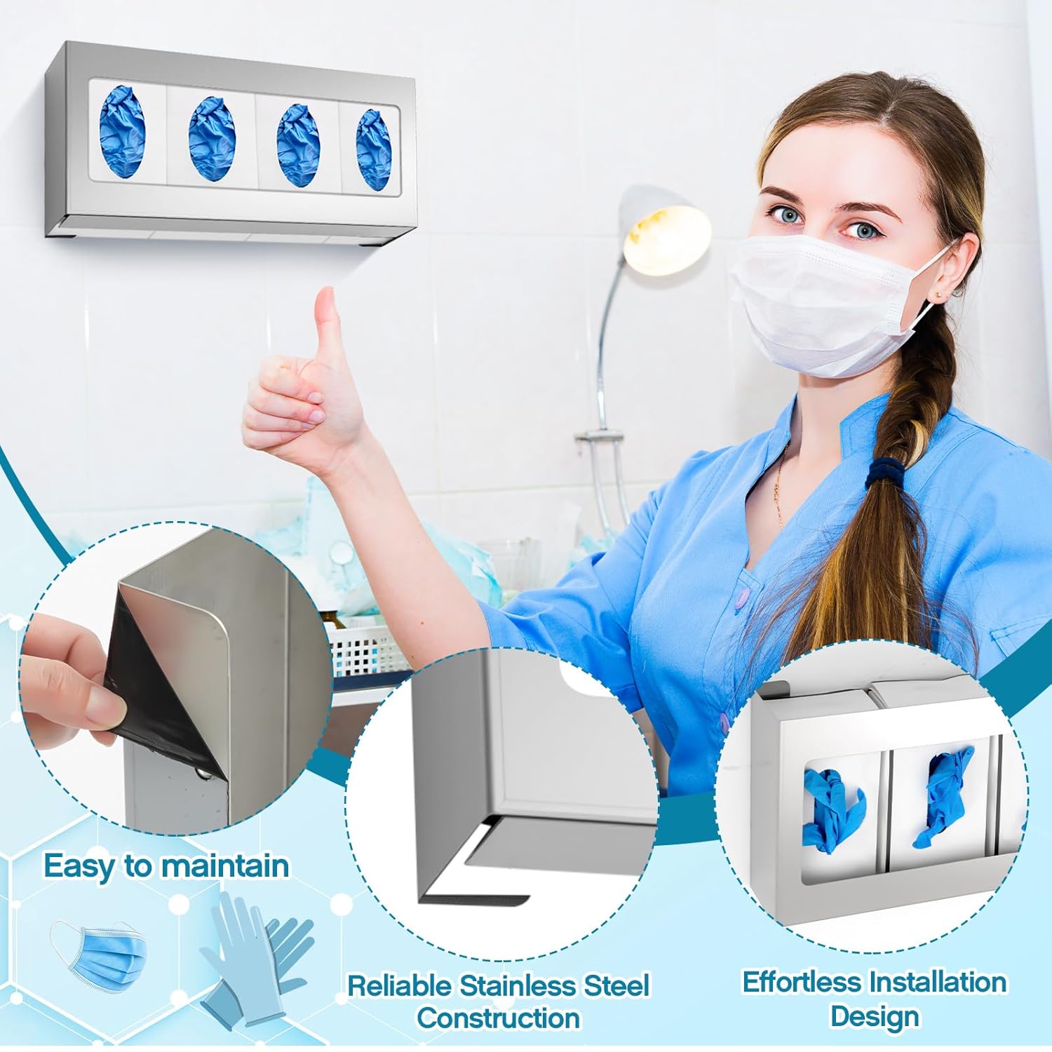 Blulu 1 Pack Glove Box Holder/Dispenser Stainless Steel Quad Wall Mounted Glove Box Organizer,10"H x 21"W x 3 3/4"D