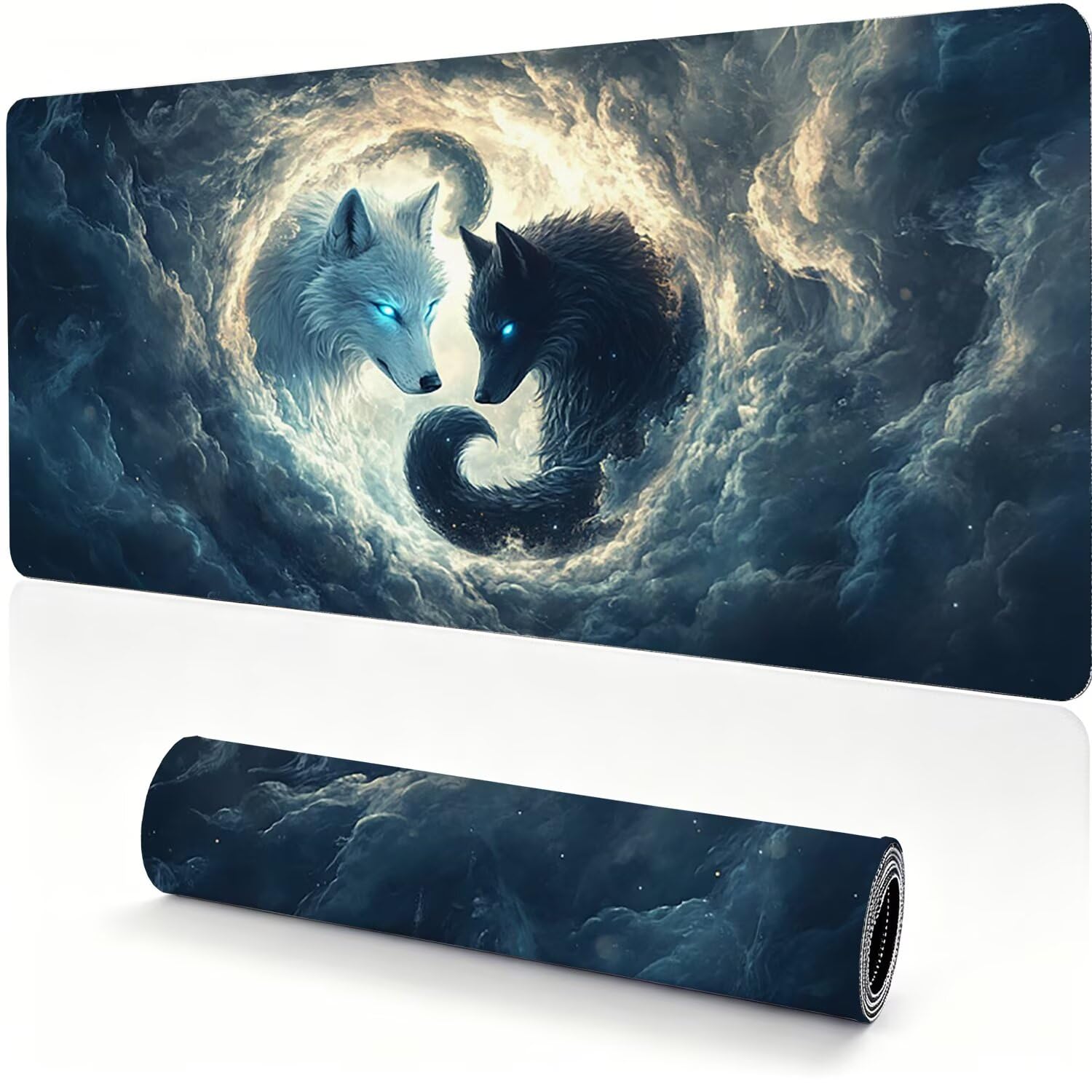 Tappetino Mouse Gaming XXL, Mousepad 1200x600x4mm bianco nero Lupo 0x0-213 | Tappetino Scrivania con Base in Gomma Antiscivolo Bordi Cuciti per Computer, PC, Migliora la Precisione e la Velocità