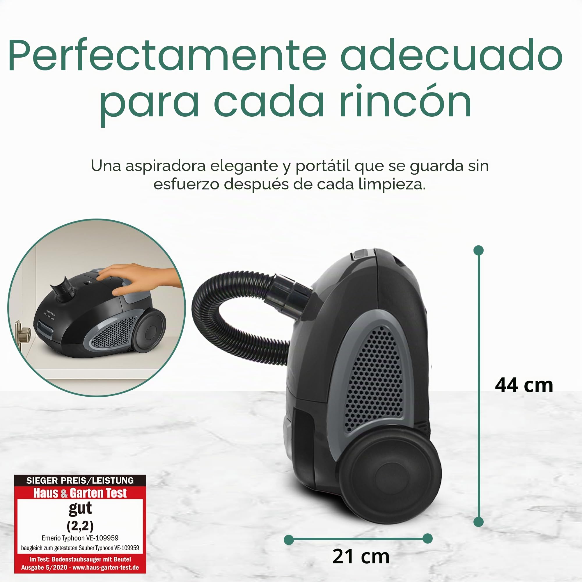 emerio VE-109959.14 Aspiradora Potente 800 W, compacta y Ligera, con Bolsa, para Suelos Duros y alfombras, 2,0 L, Compatible con Y50, Negro/Gris