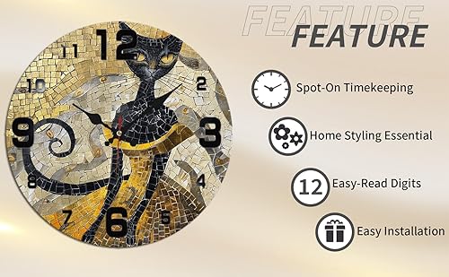 Miniatura 6 de Black Cat Wooden Wall Clock with Gold Accent Mosaic 25x25cm