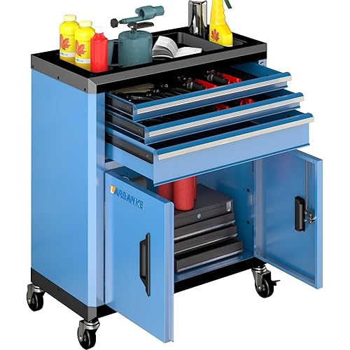 LARBANKE Rolling Tool Chest with Lock&Keys,360° Wheels and Drawer Liners,Tool Cabinet with 3 Drawers&2 Doors,Tool Cabinet Equipped with Connecting Rods for Stacking with 5&7-Drawer Chest