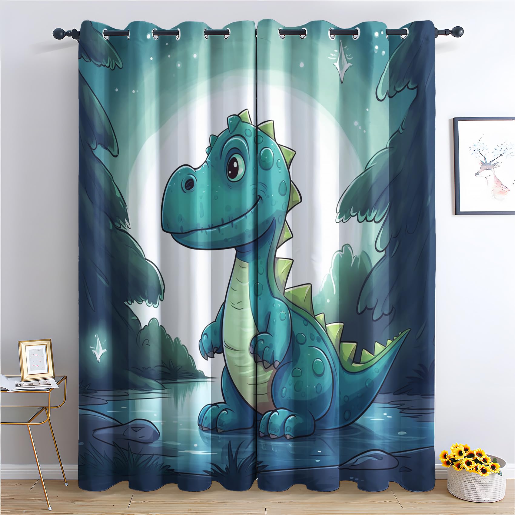 Rideau Occultant Dinosaure, Garçon Motif Rideaux Thermiques à Oeillets, Rideaux Imprimé pour Salon Chambre Fenetre Moderne Décoration, 140x220 cm (L x H), Lot de 2