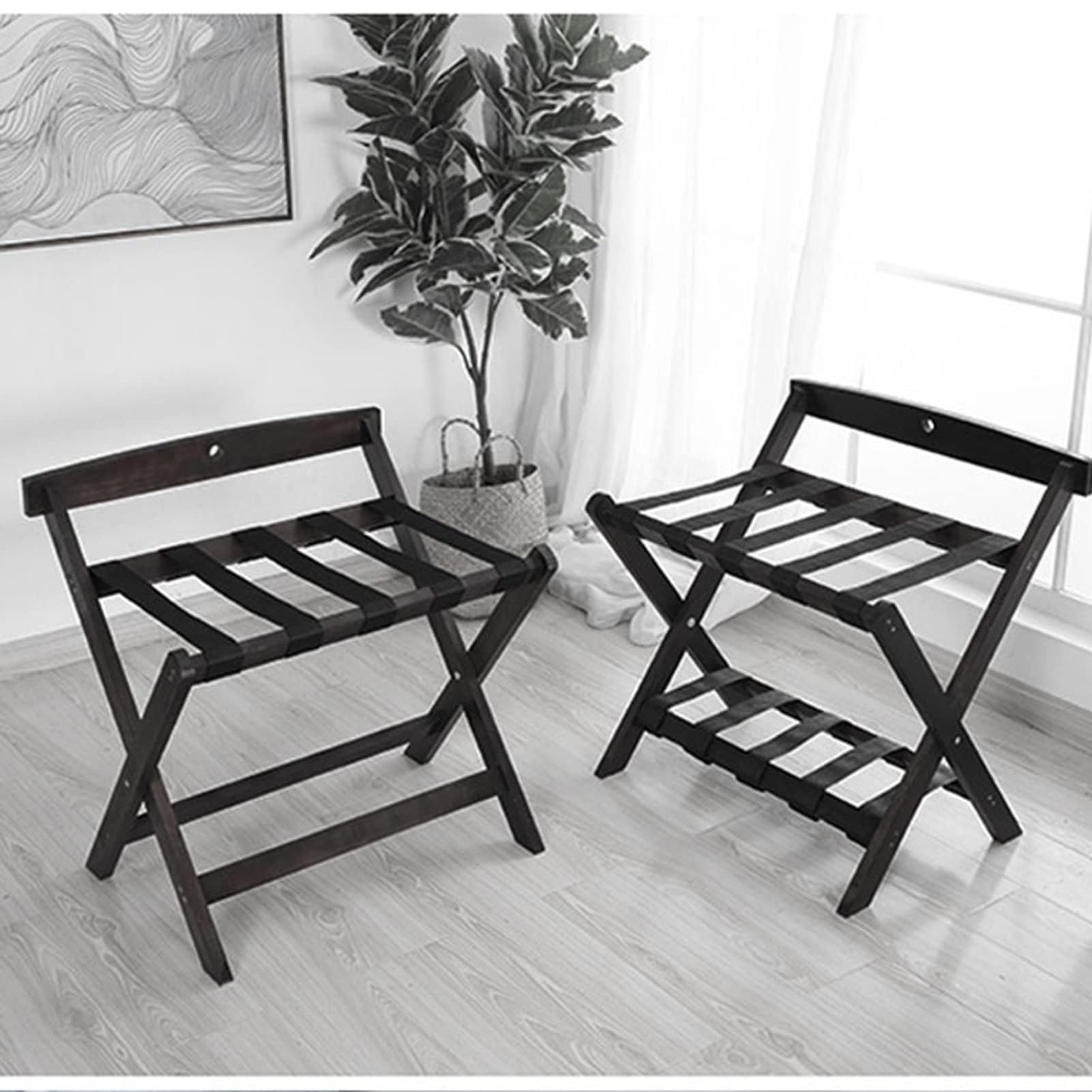 FENOKD Luggage Stands for Suitcases Foldable - Luggage Rack, Black 2 Tier Luggage Rack, Bedroom Furniture Landing Shelf with Backrest, Solid Wooden Hotel Luggage Storage Rack, for Hotel, Bedroom,2pcs