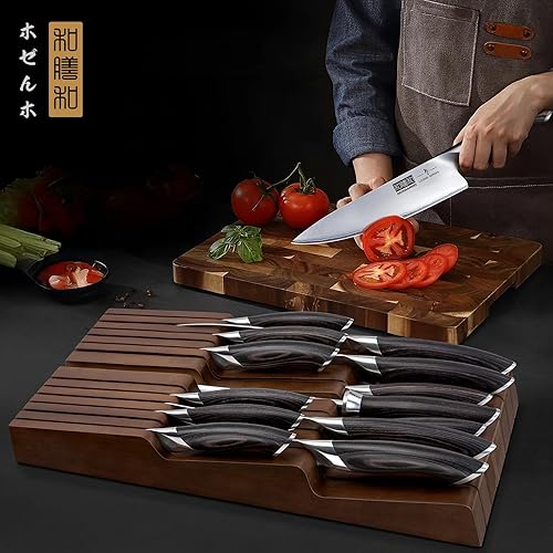 Miniatura 7 de HOSHANHO Juego de cuchillos de cocina con bloque, juego profesional de 14 piezas de bloque de cuchillos ultra afilado en organizador de cajones de