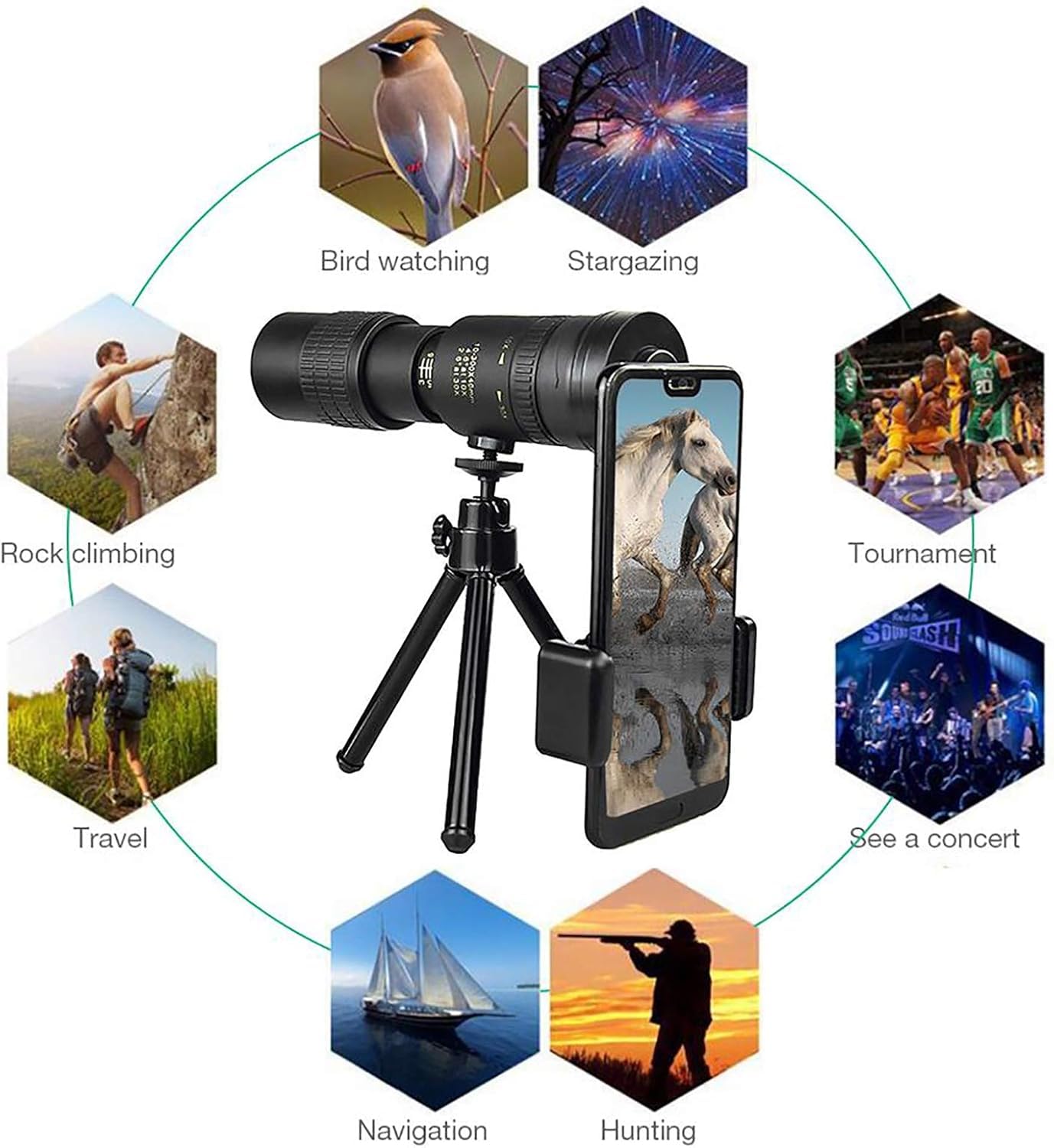 Monokular dla dorosłych o dużej mocy, 4K 10-300 x 40 mm super teleobiektyw zoom zewnętrzny lekki teleskop o dużej mocy ze statywem i klipsem, idealna do obserwacji ptaków lornetki dla dorosłych