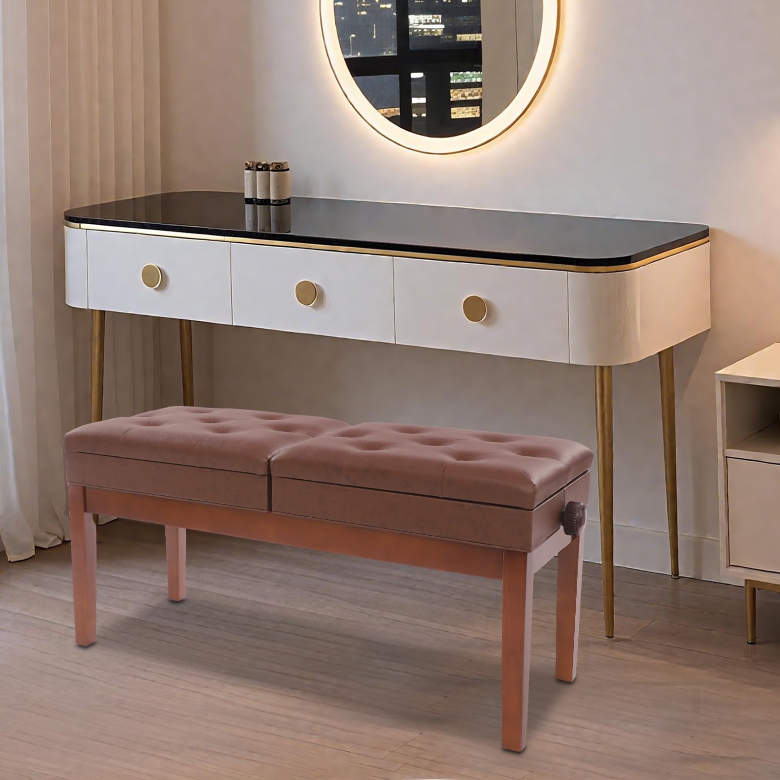 Banc de piano double siège avec espace de rangement - Grand tabouret de piano pour 2 personnes - Assises indépendantes réglables en hauteur - 108 x 39 x 48 cm (marron)