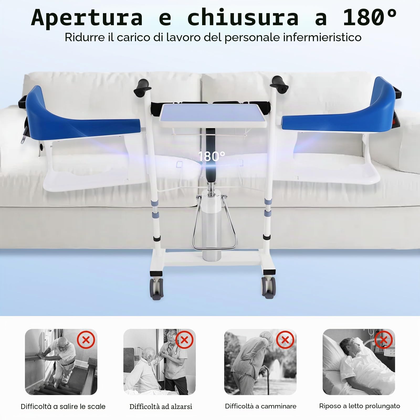 Sollevatore idraulico, sedia di trasferimento per pazienti, regolabile in altezza, capacità di carico 100 kg, maniglie antiscivolo, seduta divisa a 180°, sedia da doccia (blu)