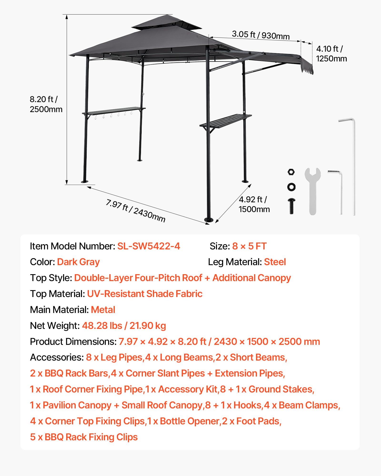 VEVOR Gazebo per Barbecue 243x150 cm, Tenda Gazebo per Barbecue da Esterno con Tettoia, Tetto a 2 Livelli, Copertura per BBQ da Giardino in Acciaio Verniciato a Polvere, per Grigliate, Feste, Picnic