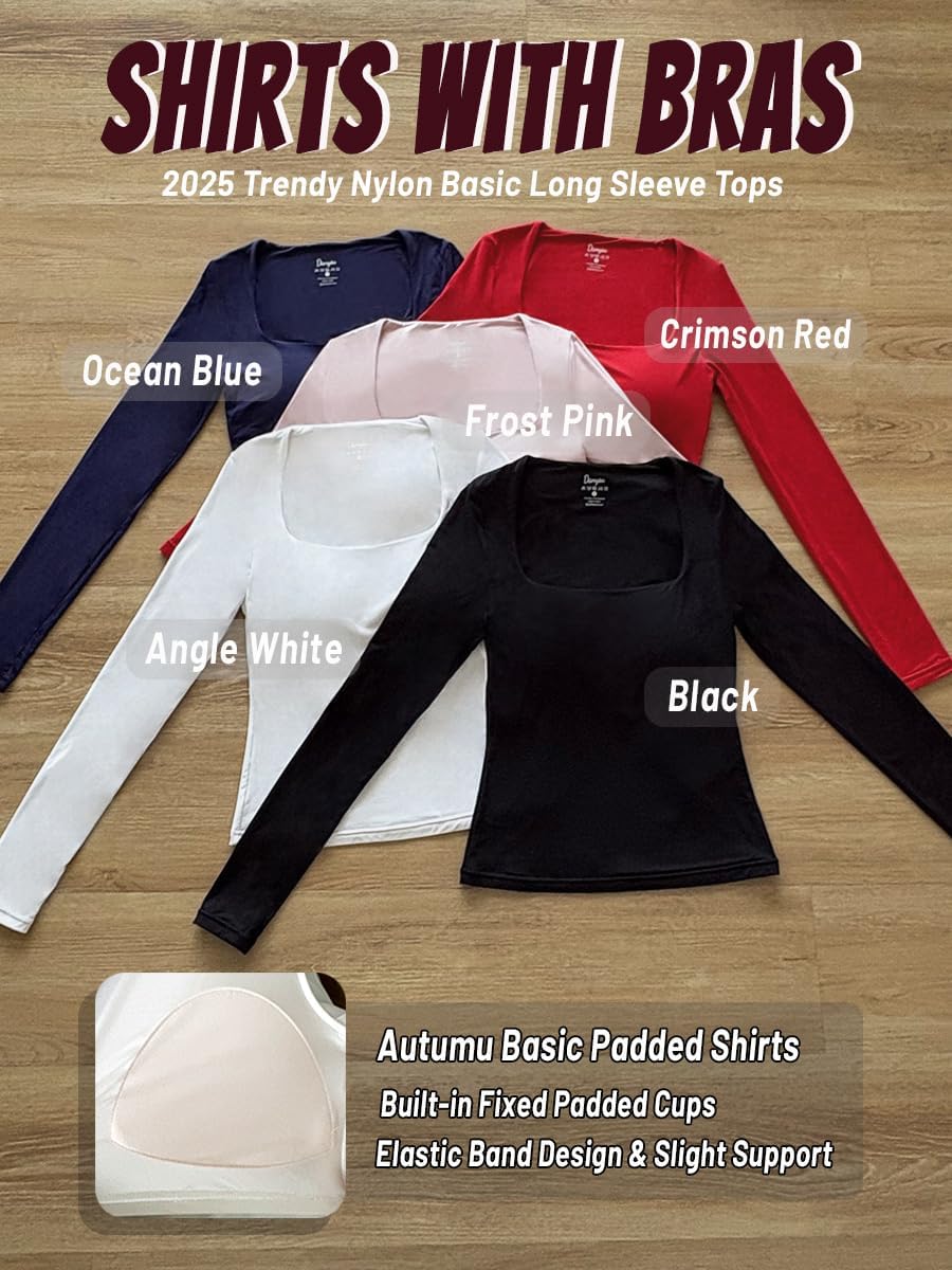 Danysu Double Lined Long Sleeve Tops with Built in Bra for Women Square Neck Basic Slim Crop Fall T-Shirts - Image 4