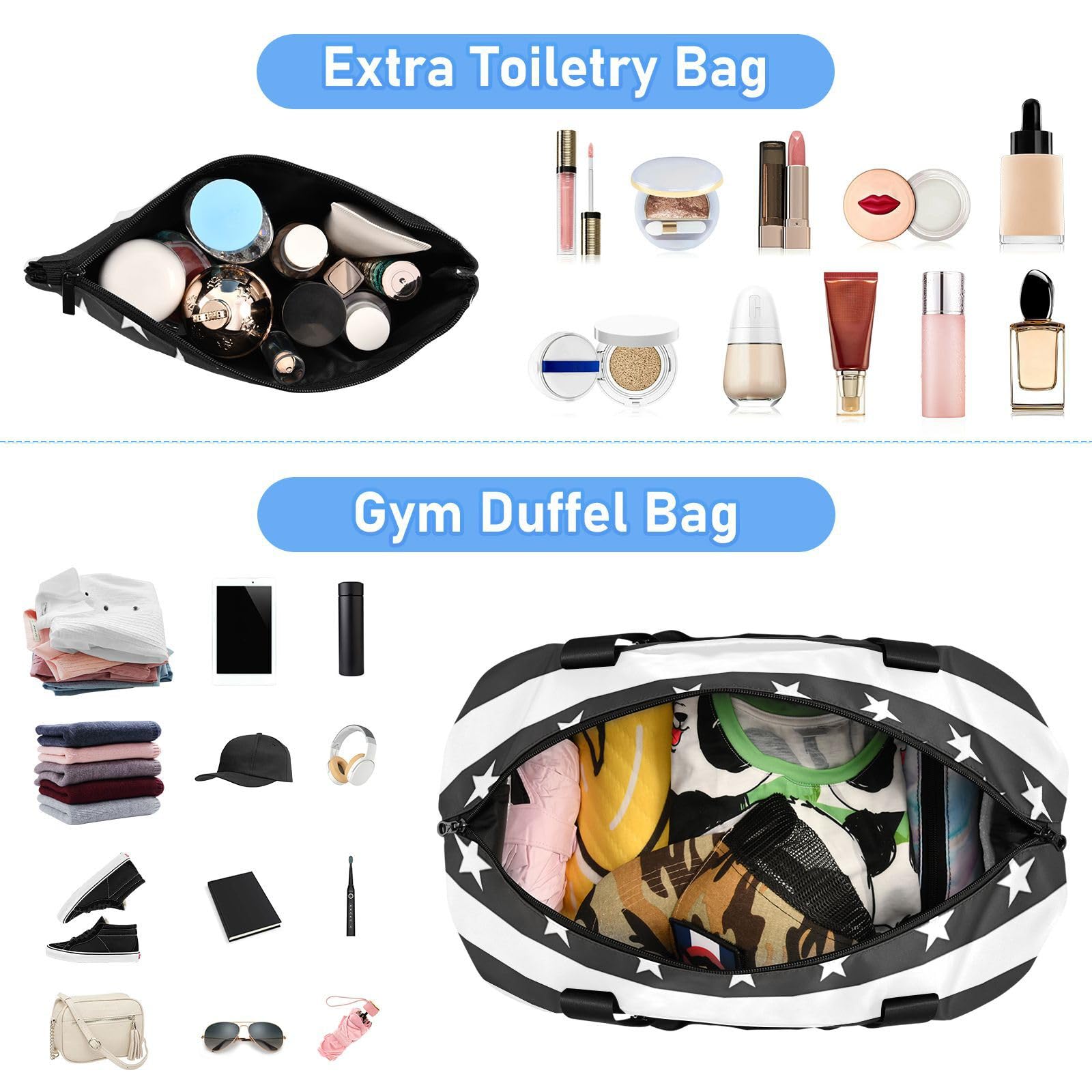 Borsone da palestra con bandiera americana in bianco e nero con tasca bagnata, tracolla regolabile, multifunzionale, per uomini e donne