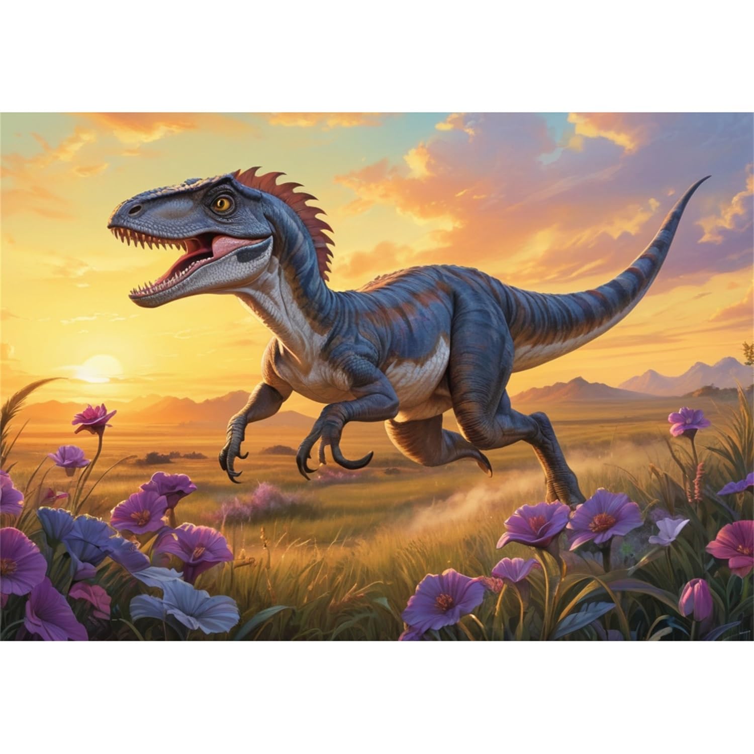 2000 Teile Erwachsenen-Puzzle, Velociraptor-Wiese Sonnenuntergangslandschaft, Papier-Puzzle, Spaßspiele für die ganze Familie 70x100cm