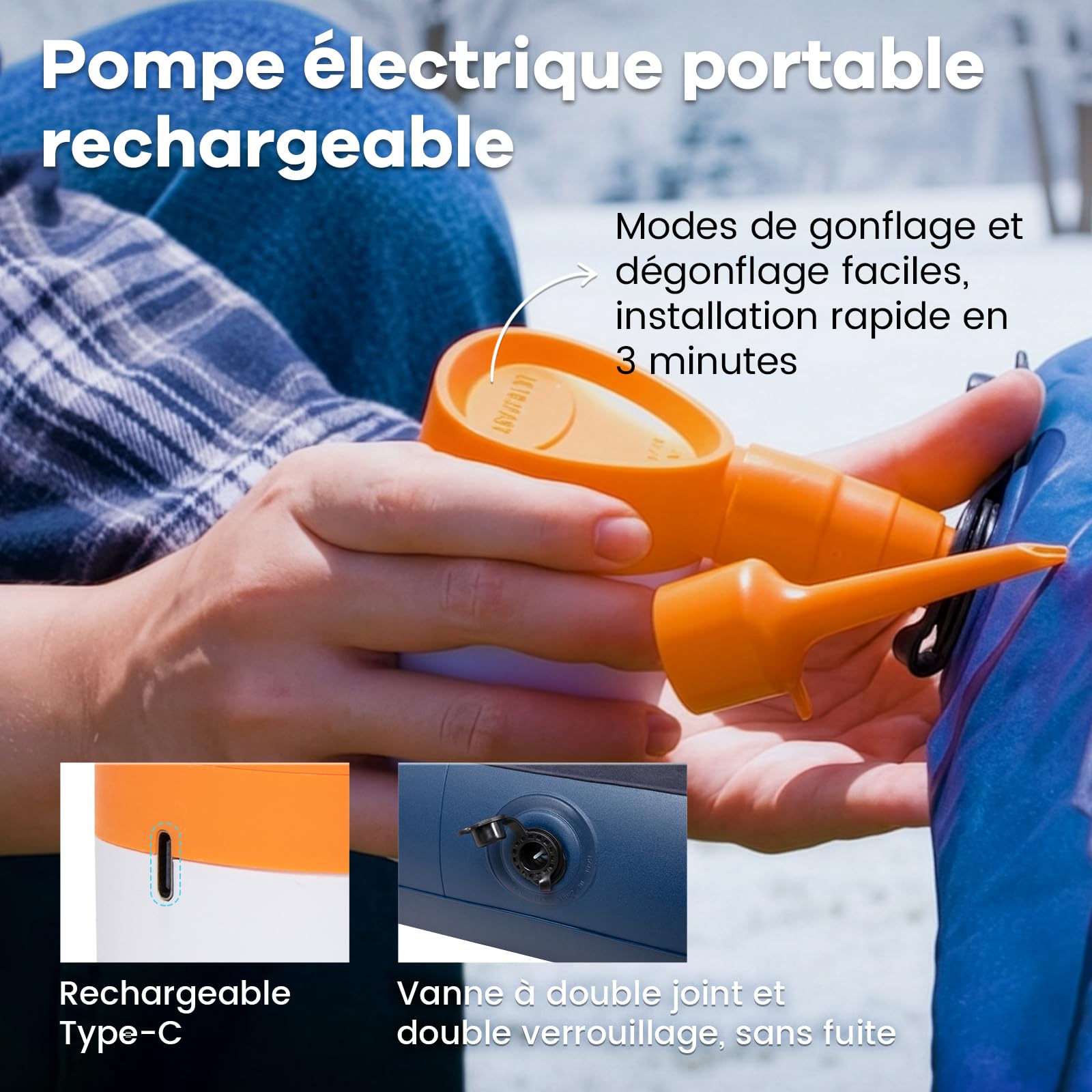 FUNDANGO Lit de camping double avec pompe électrique, matelas gonflable avec housse amovible et lavable, cadre pliable, porte-gobelet, sac de transport pour adultes, tente, invités (200 cm x 150 cm)
