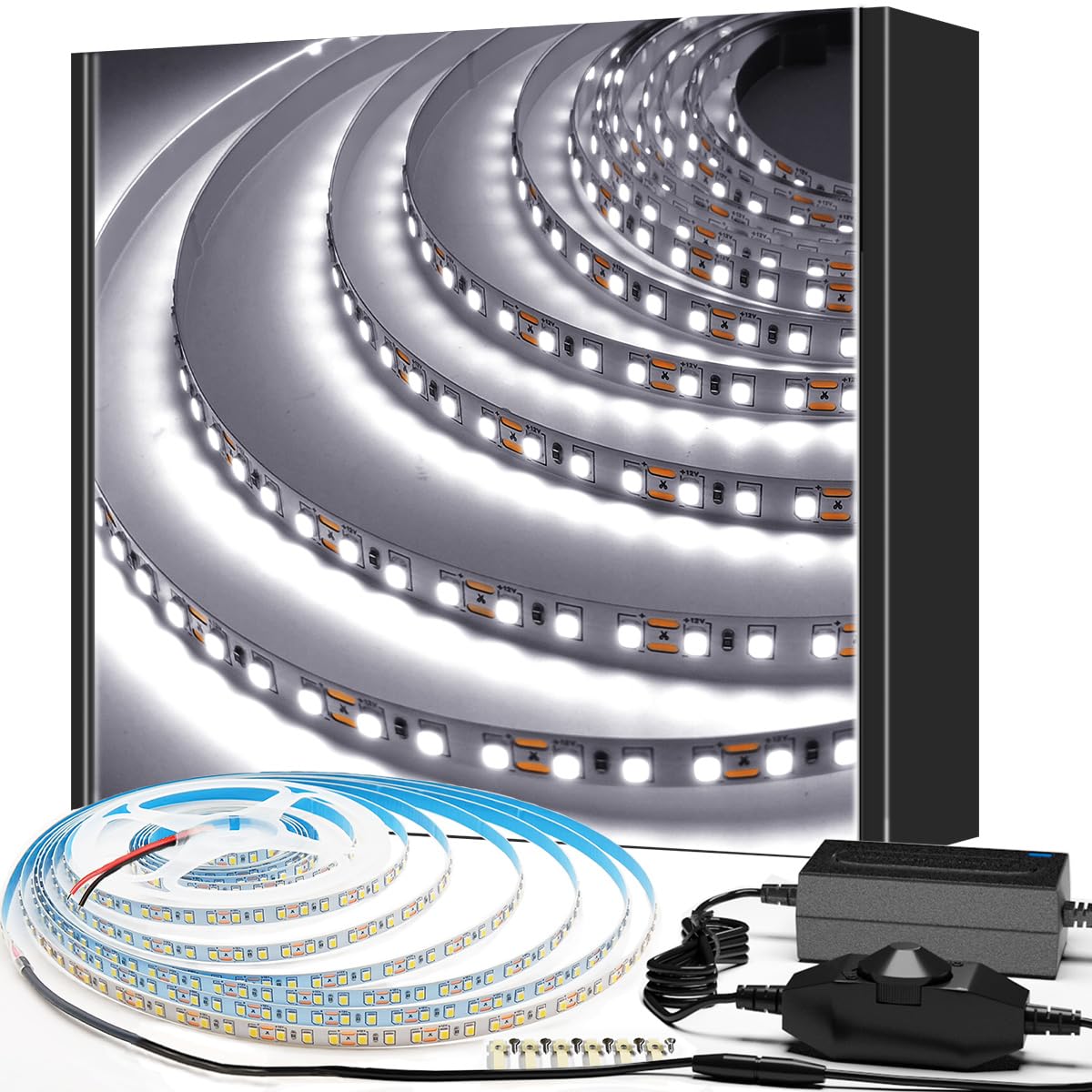 HOMINA LED Strip Lights, 16.4ft/5m 600 LEDs 24W LED Light Strip, 6000K Bright Daylight White Dimmable Tape Light for Indoor Use (Adaptor & Dimmer Included)