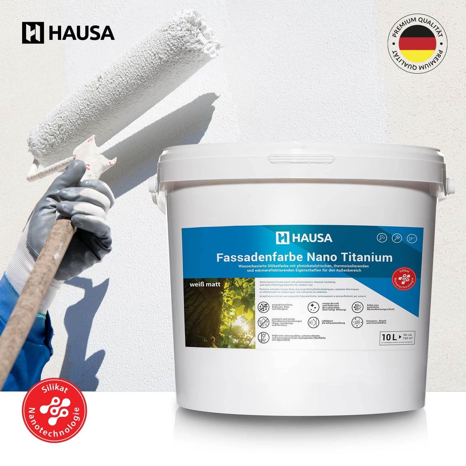 Hausa Fassadenfarbe Nano Titanium 10L weiß matt Wandfarbe für Außen mit Abperleffekt, extrem wetterbeständig, energiesparend thermoisolierend, reinigt die Luft (Anti-Smog Wirkung) algenresistent