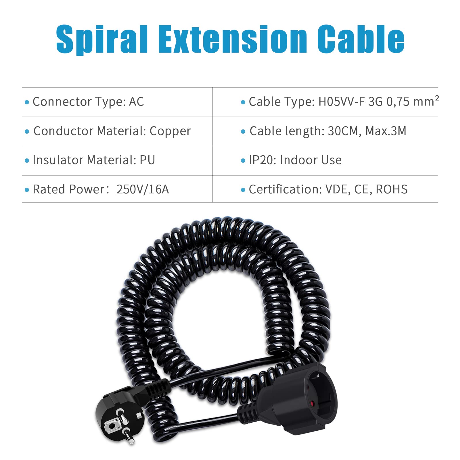 Cavo a spirale con contatto di protezione, cavo a spirale (230 V/16 A), 1,05 m su 5 m, cavo a spirale estensibile con spina di protezione e contatto di protezione, cavo di prolunga in PVC, nero