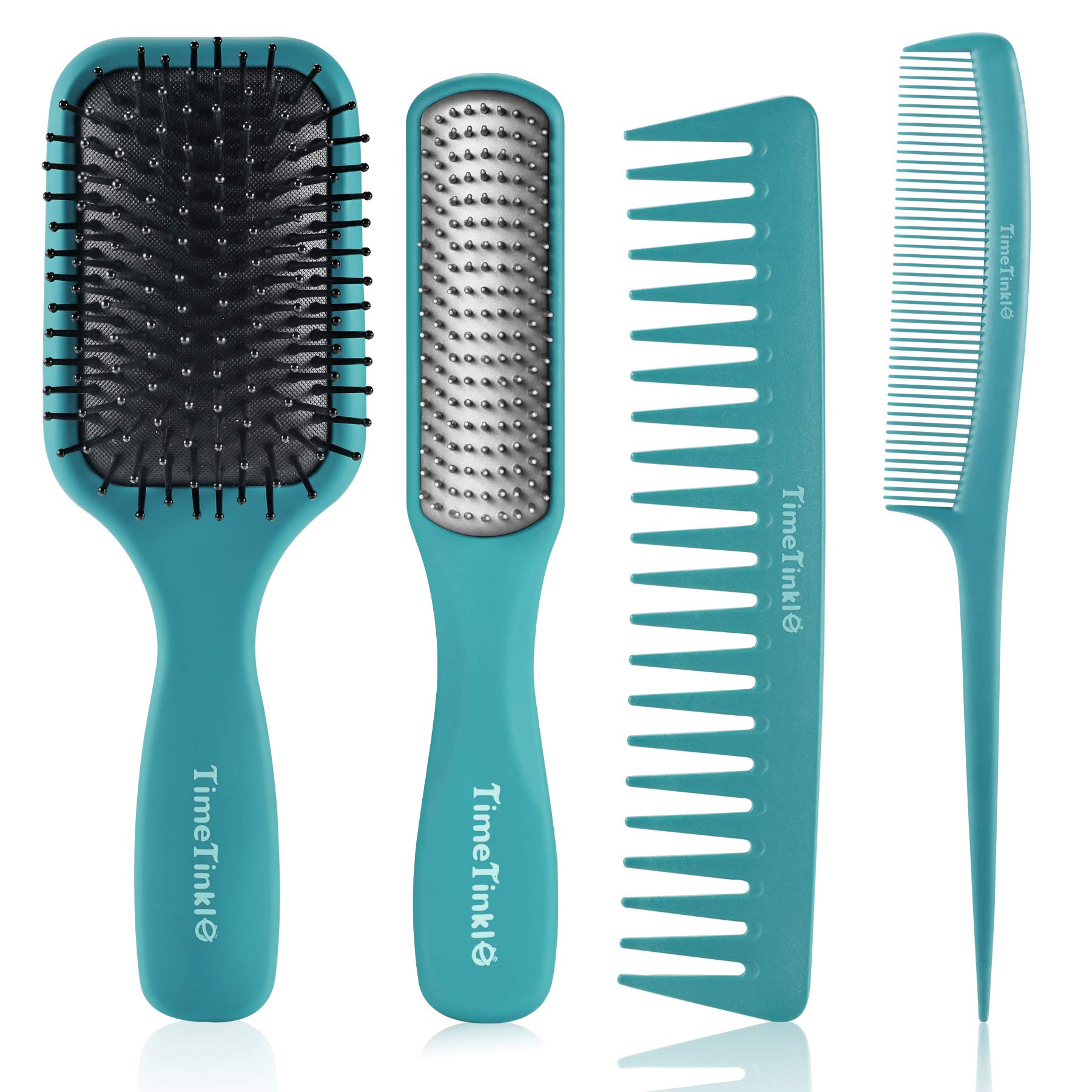 TimeTinkle 4 PCS Hairbrush Set - Detangler, Styling Brush, Tail Comb & Wide Tooth Comb for Women, Men and Kids, Great on Wet or Dry Hair