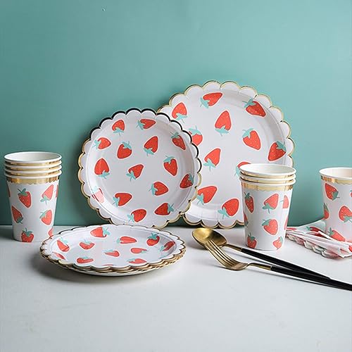 Miniatura 8 de Juego de vajilla desechable de fresa, suministros para fiestas, incluye platos, tazas, popotes y servilletas para fiestas, baby shower de