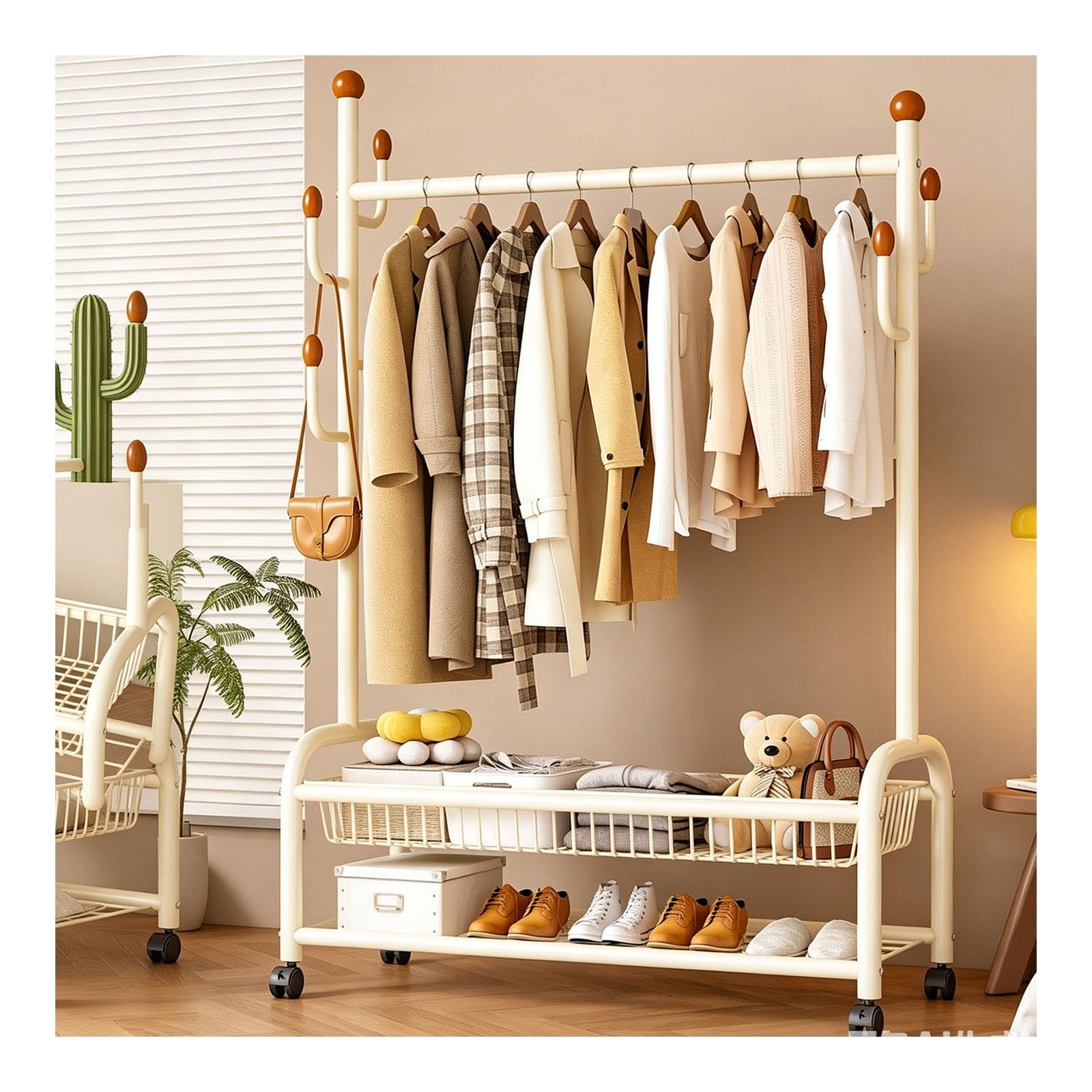 SXDHOCDZ Rolling Clothes Rack with Lockable Casters, Double Rods and Side Hooks for Bedroom Dorm Laundry(white,120cm)