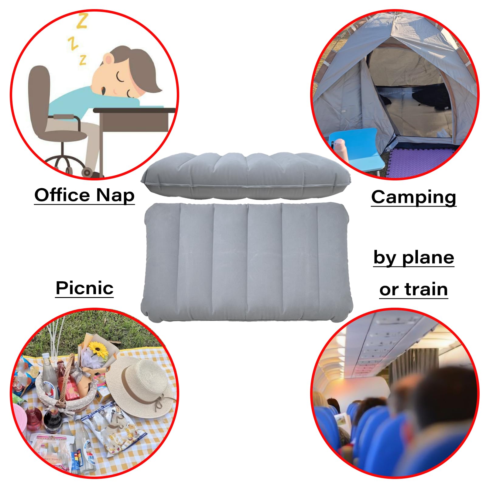 LiXiongBao Paquete de 2 almohadas inflables ultraligeras de color gris para senderismo, camping, viajes, siesta, escritorio, soporte lumbar y cuello