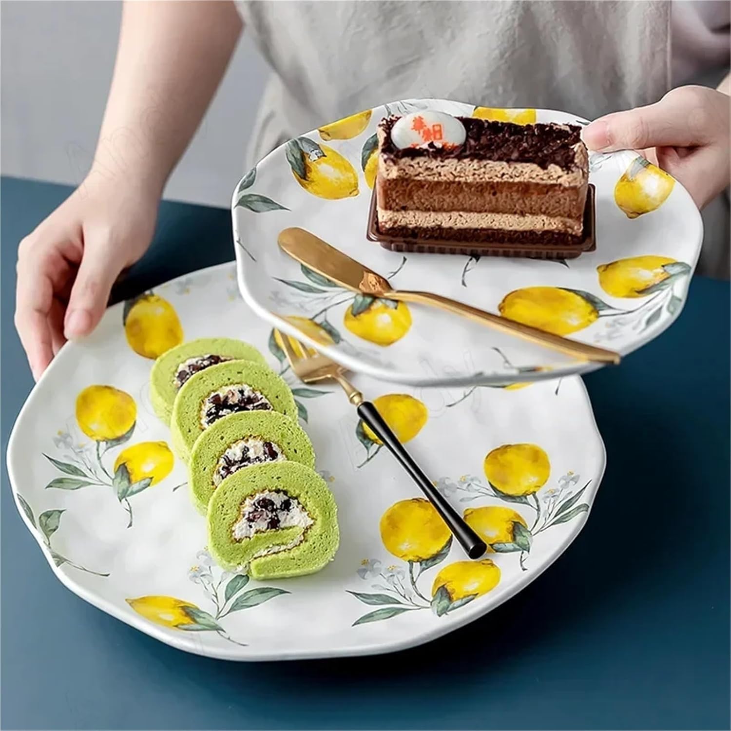 European Rural Style Ceramic Plate with Hand-Painted Lemon Design, for Breakfast Bread and Fruit Salad Serving(Large)