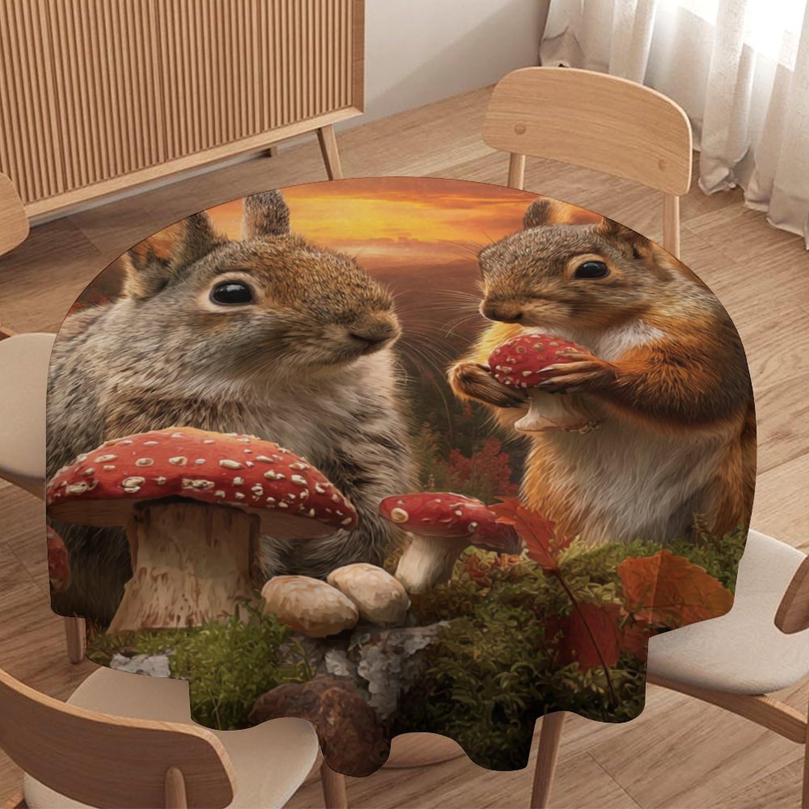 LUYYSKY Cute Realistic Squirrels Rabbits Waterproof Round Tablecloth Realistic Aesthetic Sunset Maple Leaves Mushrooms Animals Pattern Washable Table Cover for Kitchen-177.8" Wx177.8 L cm