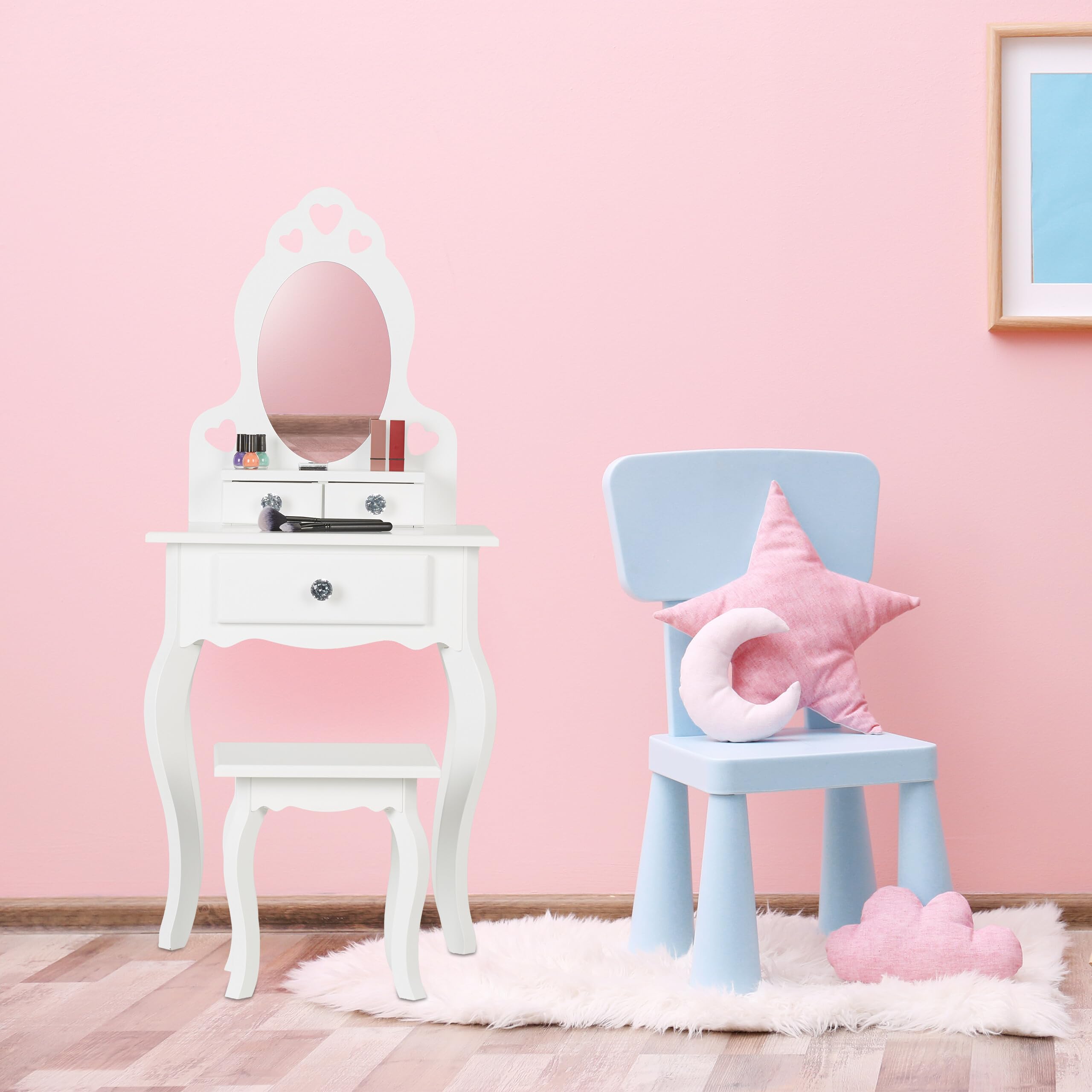 Relaxdays Toeletta Trucco Bambina, Tavolino con Specchio e Sgabello, HLP: 110 x 50 x 30 cm, a Partire dai 3 Anni, Bianco