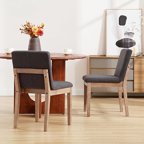 Juego de 2 sillas de comedor tapizadas de mediados de siglo, sillas de comedor sin brazos de lino gris oscuro con patas de madera, cómoda y moderna