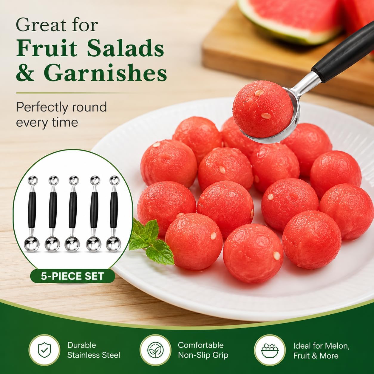 5-Piece Melon Baller Scoop Set, Stainless Steel Fruit Scooper with Ergonomic Handle, Professional Watermelon Scooper for Kitchen Use, Melon Baller Kit with Storage Case