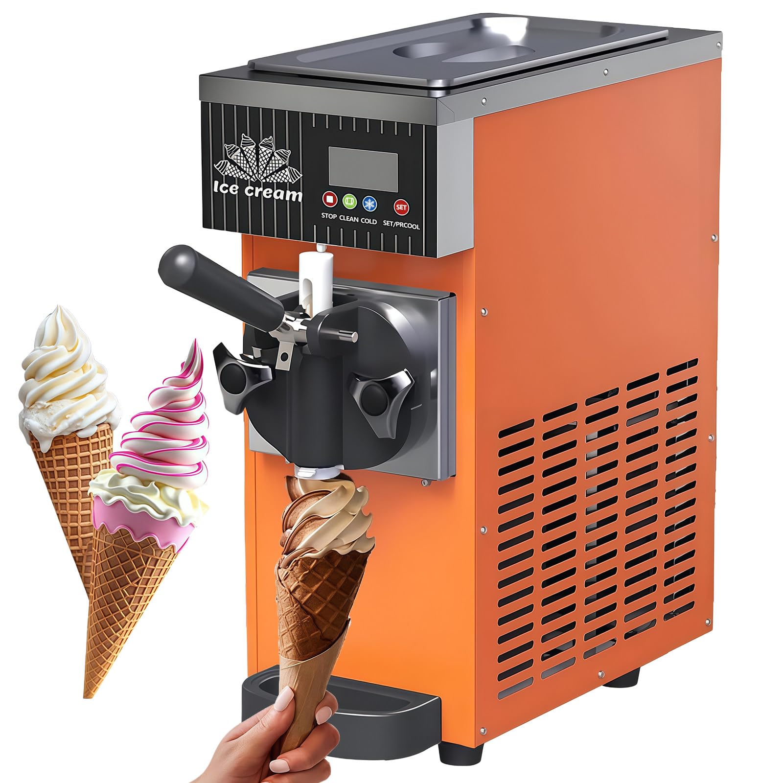 BANGBANGJI Commercial 4.5-8kg/H Yield Soft Serve Ice Cream Machine, Single Flavor Soft Serve Ice Cream Maker 3.5L Hopper with LED Panel Auto Clean for Restaurants Snack bar Supermarkets Orange