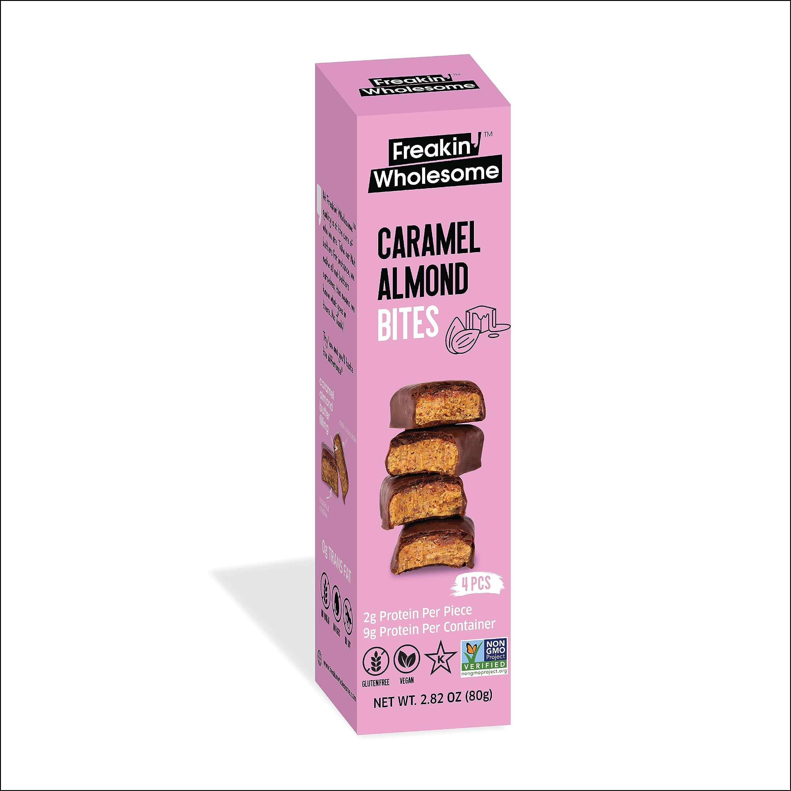 Freakin' Wholesome Chocolate Covered Caramel Almond Bites, High protein snacks 2.82 Ounces per box. (Pack of 3). Vegan Gluten Free