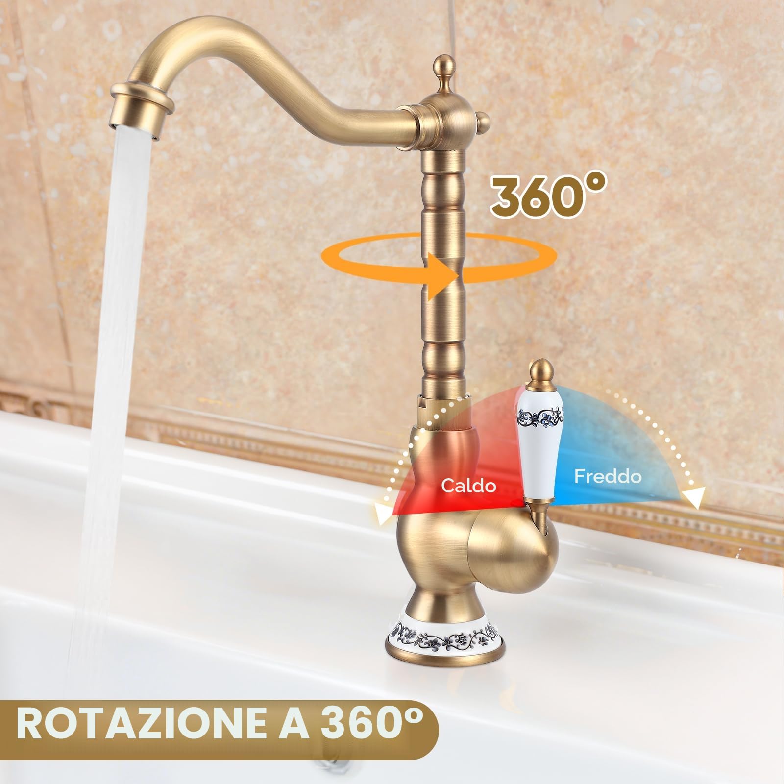 Rubinetto Vintage Rubinetto Lavello Cucina Girevole a 360°,Rubinetto Bagno Lavabo in Ottone,Miscelatore Monocomando da Appoggio,Calda e Fredda del Rubinetto,Includono 2 Tubi Flessibili,Design Durevole
