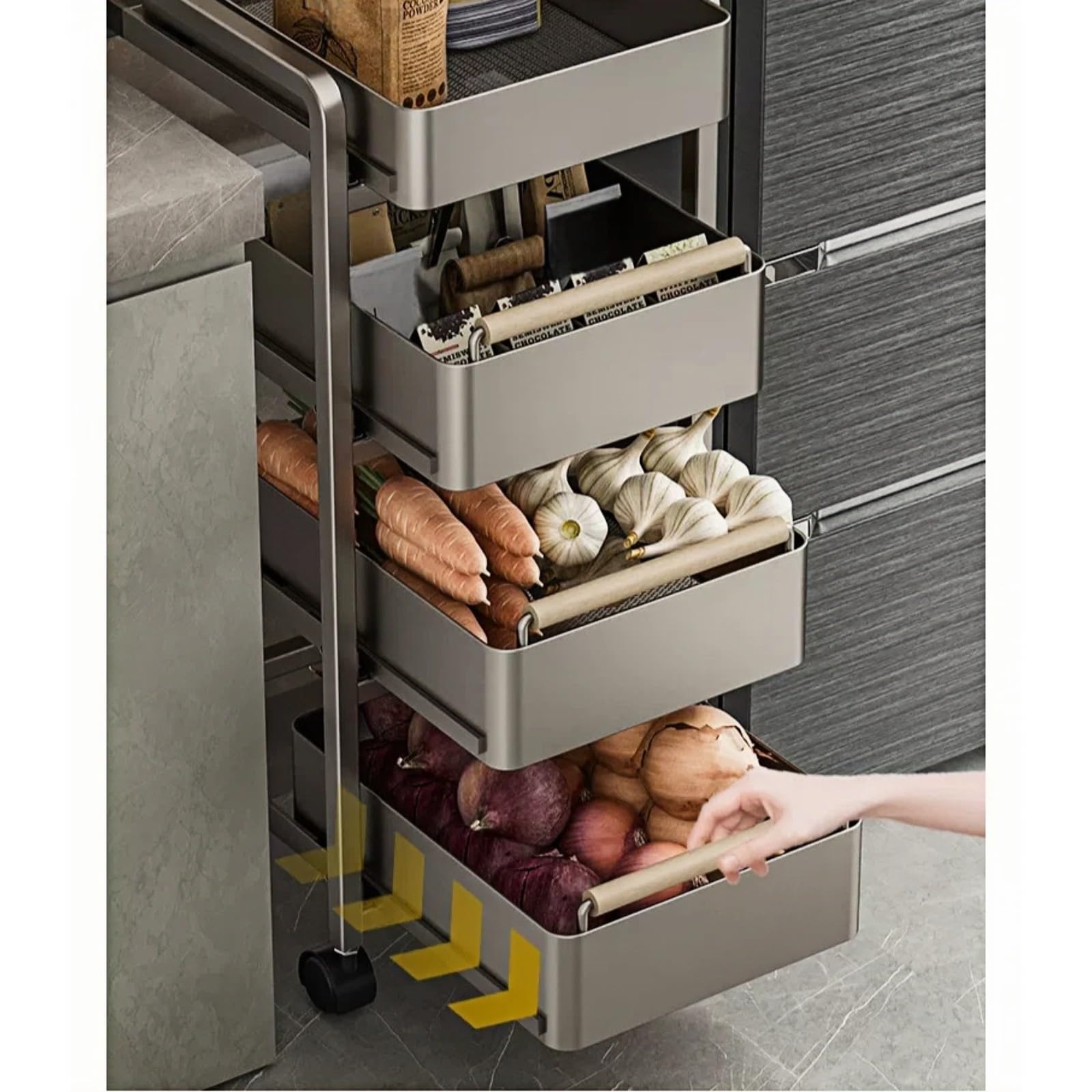 Almacenamiento Carro de Almacenamiento Cocina Varios Niveles, Estante Organizador Cesta Verduras rodante móvil(Negro,Grande)