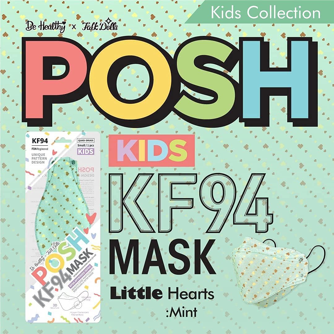Be Healthy [Pack of 10] Posh KF94 Kids Mask - Little Hearts - Mint (KA10) (MADE IN KOREA),Mint, Yellow Brown