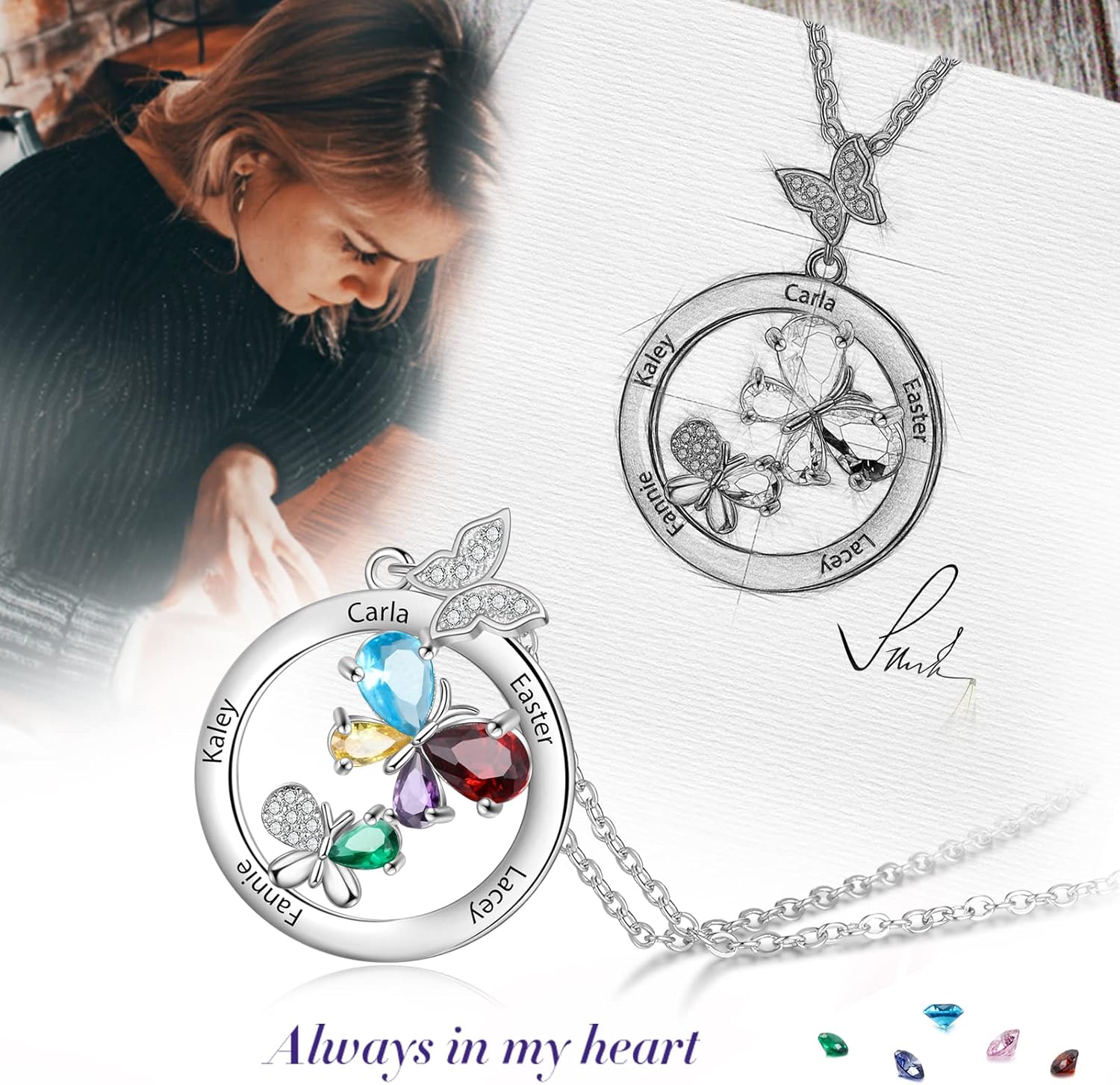 Personalized Mother Daughter Butterfly Necklace, Simulated Birthstone Necklace for Women, Engraved Names Promise Necklace for Her Family Jewelry Gifts