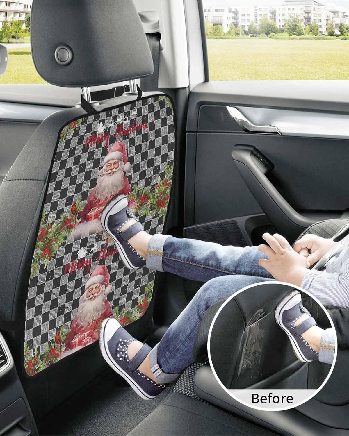 Car Seat Protector, 2 Pack Kick Mats Back Seat Protector Christmas Santa Claus Elk Xmas Tree Berry Black White Plaid Waterproof Backseat Cover for Kids Universal Fit Automotive Interior Protectors