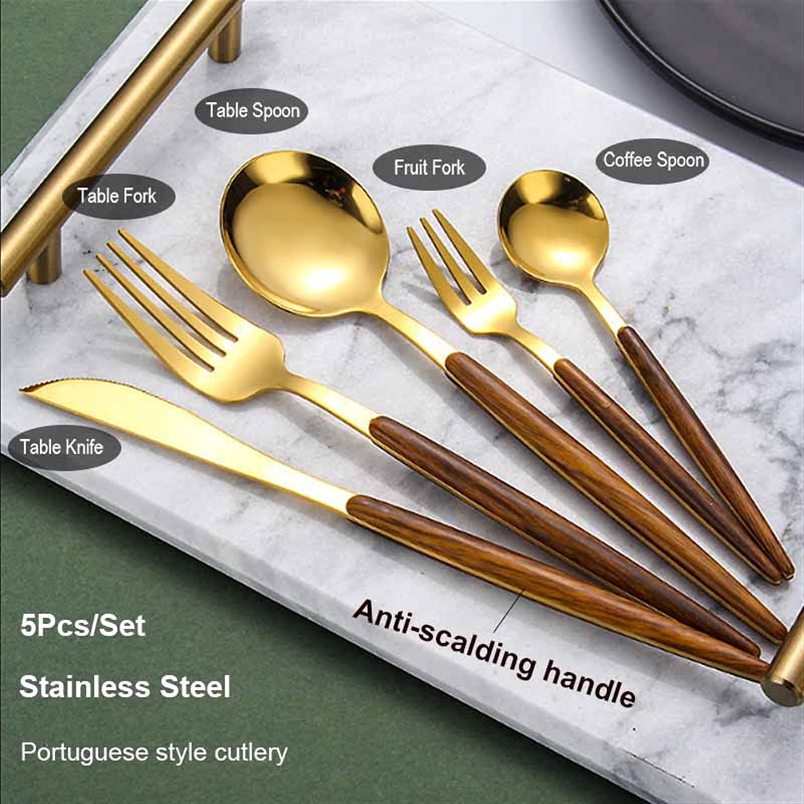 5 PCS / 30 PCS Conjunto de cubiertos de acero inoxidable de oro conjuntos de cubiertos con mango de madera cuchara de metal cuchillo de horquilla (Color : Silver(30pcs))