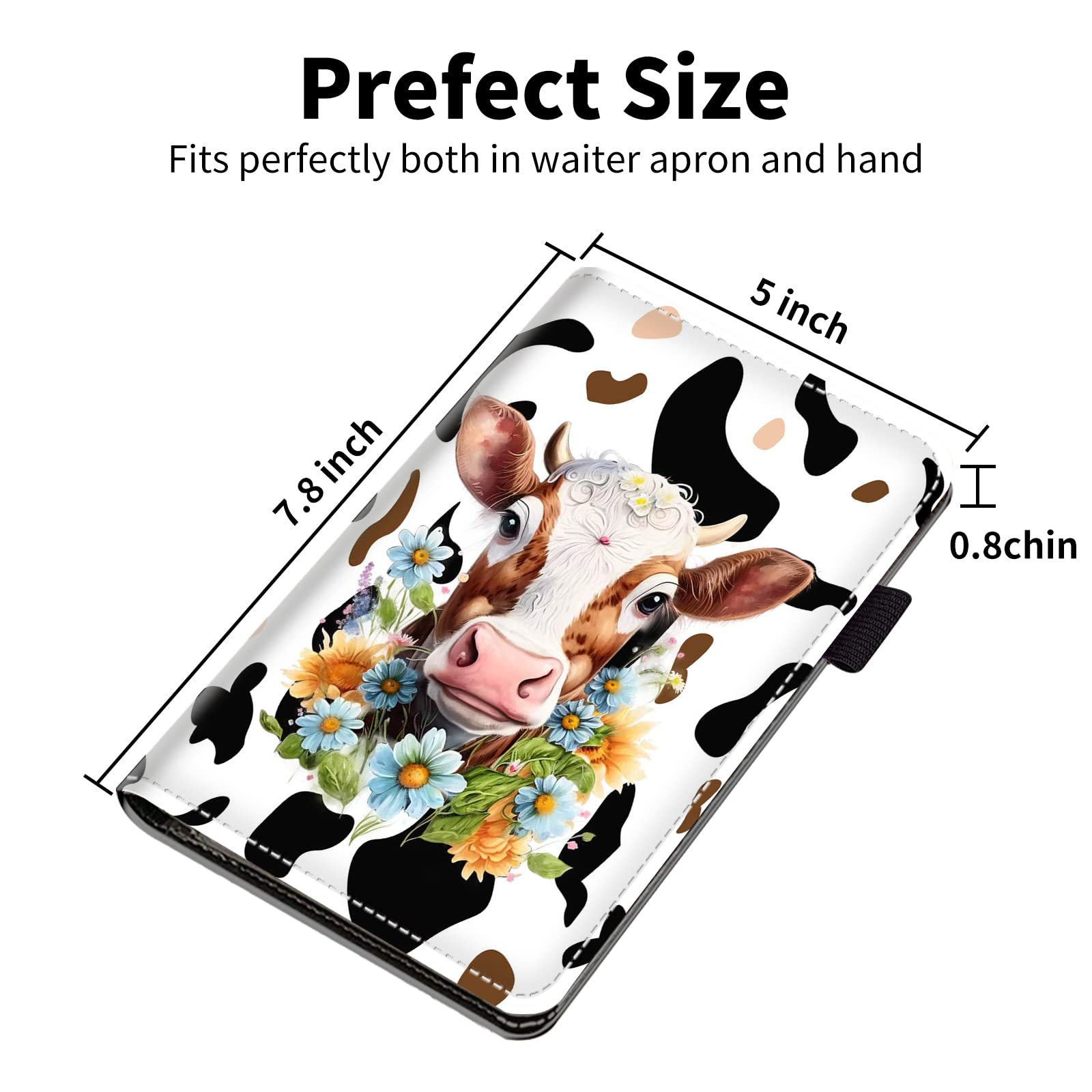 Server Books for Waitress-Leather Waiter Book Server Wallet with Zipper Pocket,Guest Check Book Waitstaff Organizer with Money Pocket Fit Server Apron,Cute Cow Print